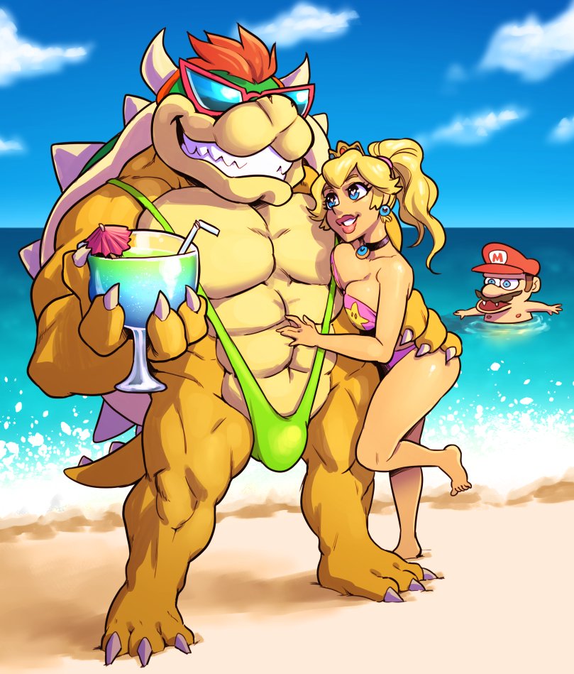 1girls, 2boys, beach, big breasts, blonde female, blonde hair, blue eyes, bowser, breasts, cleavage, clothed, clothing, collar, earrings, female, flaccid, heart-shaped pupils, interspecies, long hair, male, male/female, mario, mario (series), meme, muscular, muscular male, nipples, nortuet, one-piece swimsuit, open mouth, penis, ponytail, princess peach, public, short hair, simple background, smile, smooth skin, spongebob squarepants, swimsuit