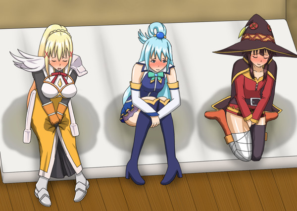 3girls aqua_(konosuba) bedwetting clothed_female darkness_(konosuba) female female_only kono_subarashii_sekai_ni_shukufuku_wo! mattress megumin multiple_girls on_bed papergami peeing peeing_self sad