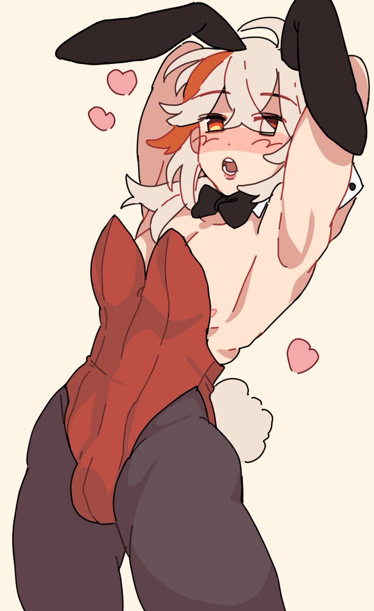 armpits, arms behind head, blush, bulge, bunny boy, bunny ears, bunnysuit, femboy, genshin impact, girly, heart, kaedehara kazuha, male, punpunii, white hair