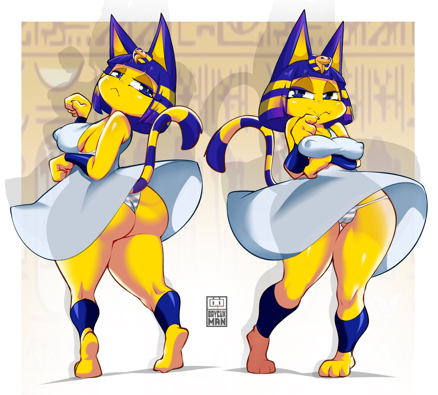 1girls, animal crossing, ankha, anthro, ass, bayeuxman, big ass, big breasts, big butt, blue eyes, blue hair, breasts, cat ears, cat tail, female, female focus, female only, furry, nintendo, nipple bulge, panties, shimapan, short hair, solo, solo female, standing, thick thighs, thighs, wide hips, yellow body