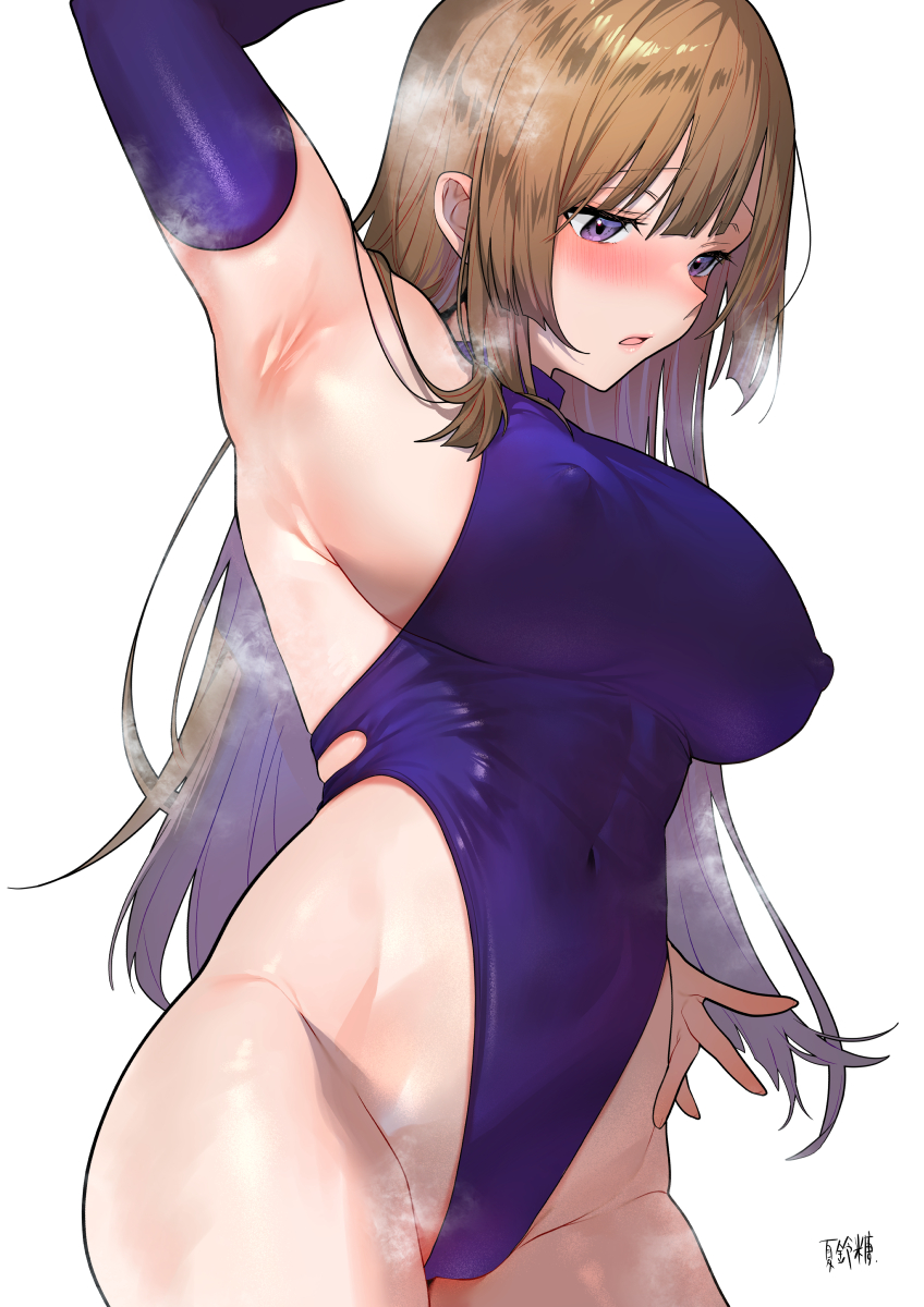 1girls 2022 arm_up armpits bare_hips blue_gloves blue_leotard blush breasts brown_hair covered_navel covered_nipples cowboy_shot elbow_gloves from_side gloves groin highleg highleg_leotard highres karinto_yamada large_breasts leotard lips long_hair looking_down open_mouth original purple_eyes sideboob signature simple_background skindentation sleeveless sleeveless_turtleneck sleeveless_turtleneck_leotard solo standing steaming_body straight_hair thighs turtleneck turtleneck_leotard white_background