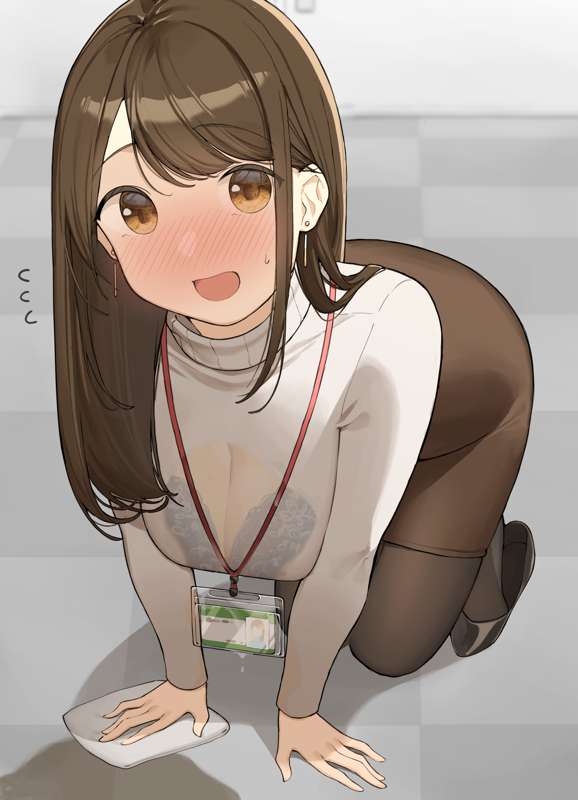 ass ass_in_dress big_breasts blush bra bra_visible_through_clothes cleavage embarrassed kneeling lanyard office_lady ol-chan_(ol_mahonanoka) ol_mahonanoka original original_character skirt transparent_clothing wet_clothes