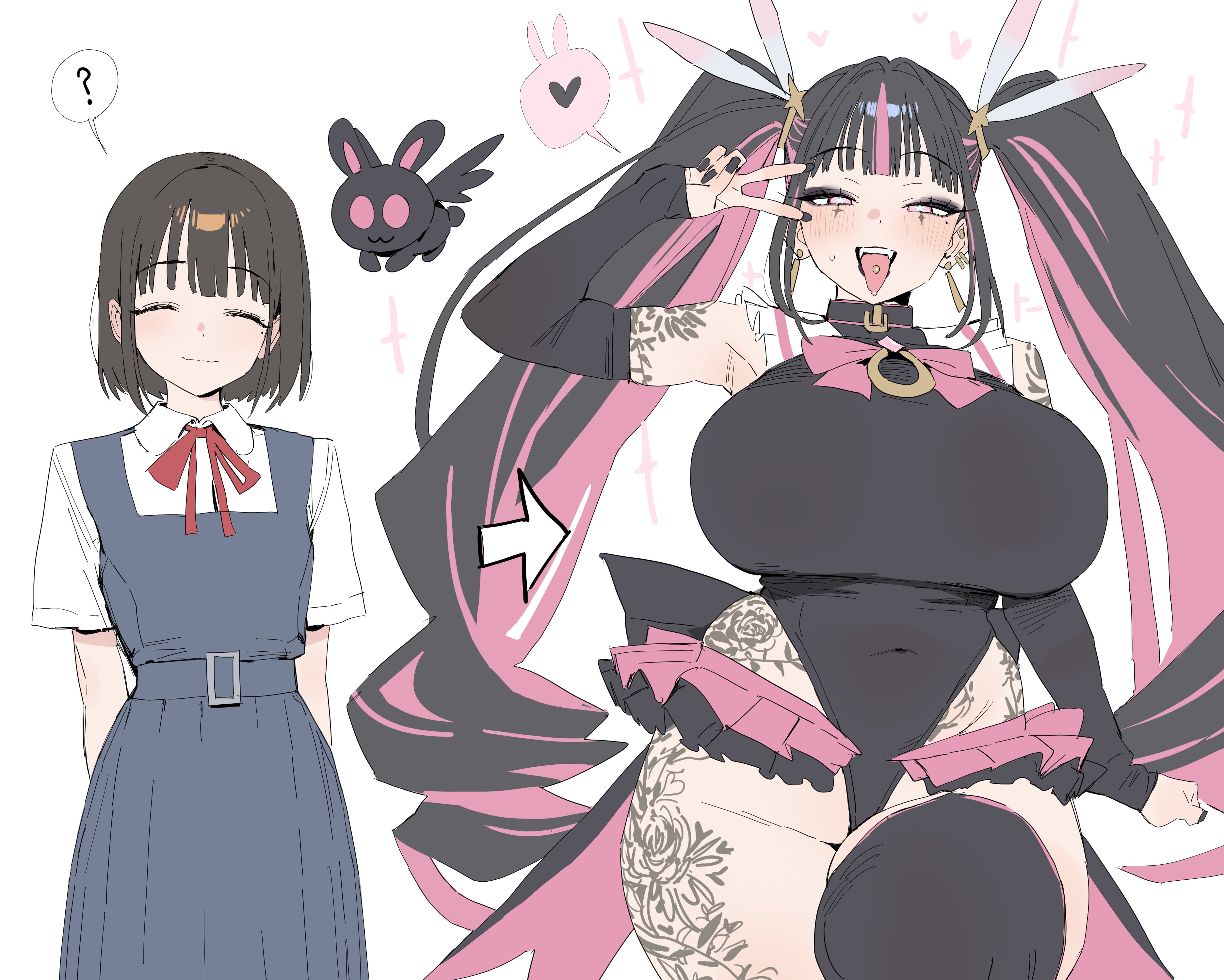 ?, black hair, black nails, bowtie, breast expansion, brown hair, choker, closed eyes, closed mouth, curvy, gyaru v, hair growth, half-closed eyes, huge breasts, leotard, magical girl, magical girl transformation, schoolgirl, slut, slutty female, smile, spoken question mark, tattoo, thick thighs, thigh expansion, thighhighs, tongue out, tongue piercing, transformation, upper teeth, very long hair, wide hips, xipa