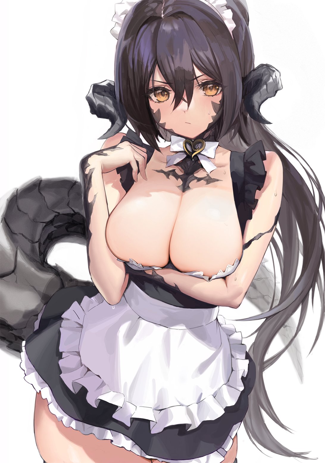 :/ apron arm_under_breasts au_ra avatar_(ff14) bangs bare_arms black_dress black_tail bow bowtie breast_hold breasts brown_eyes brown_hair cleavage cowboy_shot cyobiro dress female final_fantasy final_fantasy_xiv frilled_apron frilled_dress frilled_hairband frills hair_between_eyes hair_intakes hairband hand_up heart highres horns large_breasts lizard_girl lizard_tail long_hair looking_at_viewer low_neckline maid_headdress ponytail sapphira_nyx sidelocks simple_background sleeveless sleeveless_dress solo standing sweatdrop tail v-shaped_eyebrows waist_apron white_apron white_background white_bow white_bowtie xaela