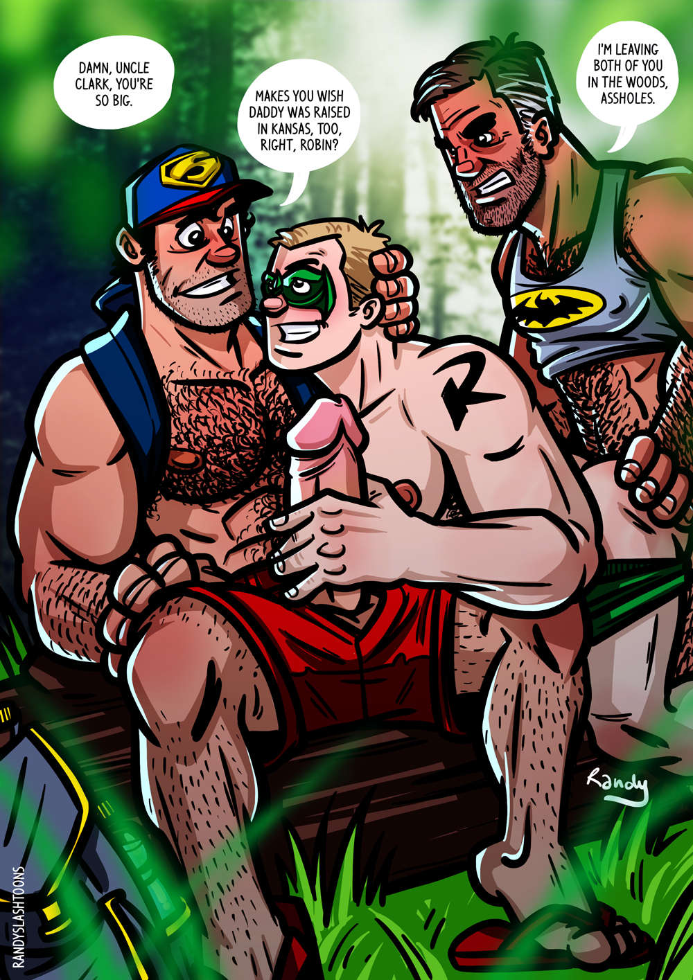 3boys age_difference artist_name backpack banter bara batman batman_(bruce_wayne) beard_stubble ben_affleck black_hair blonde_hair body_hair bruce_wayne cap celebrity clark_kent dadbod dc dc_comics dc_extended_universe dick_grayson dilf domino_mask erection facial_hair foreskin foreskin_folds fully_retracted_foreskin gay gay_sex hairy_armpits hairy_arms hairy_chest hairy_legs hairy_male hairy_stomach henry_cavill holding_penis human intact kal-el large_penis logo male male/male male_nipples male_only manly mature_male muscular_males penis randyslashtoons robin_(dc) robin_(dick_grayson) salt_and_pepper_hair sandals shirtless_male shorts smooth_penis smooth_skinned_male superman superman_(clark_kent) t-shirt tattooed_arm uncut