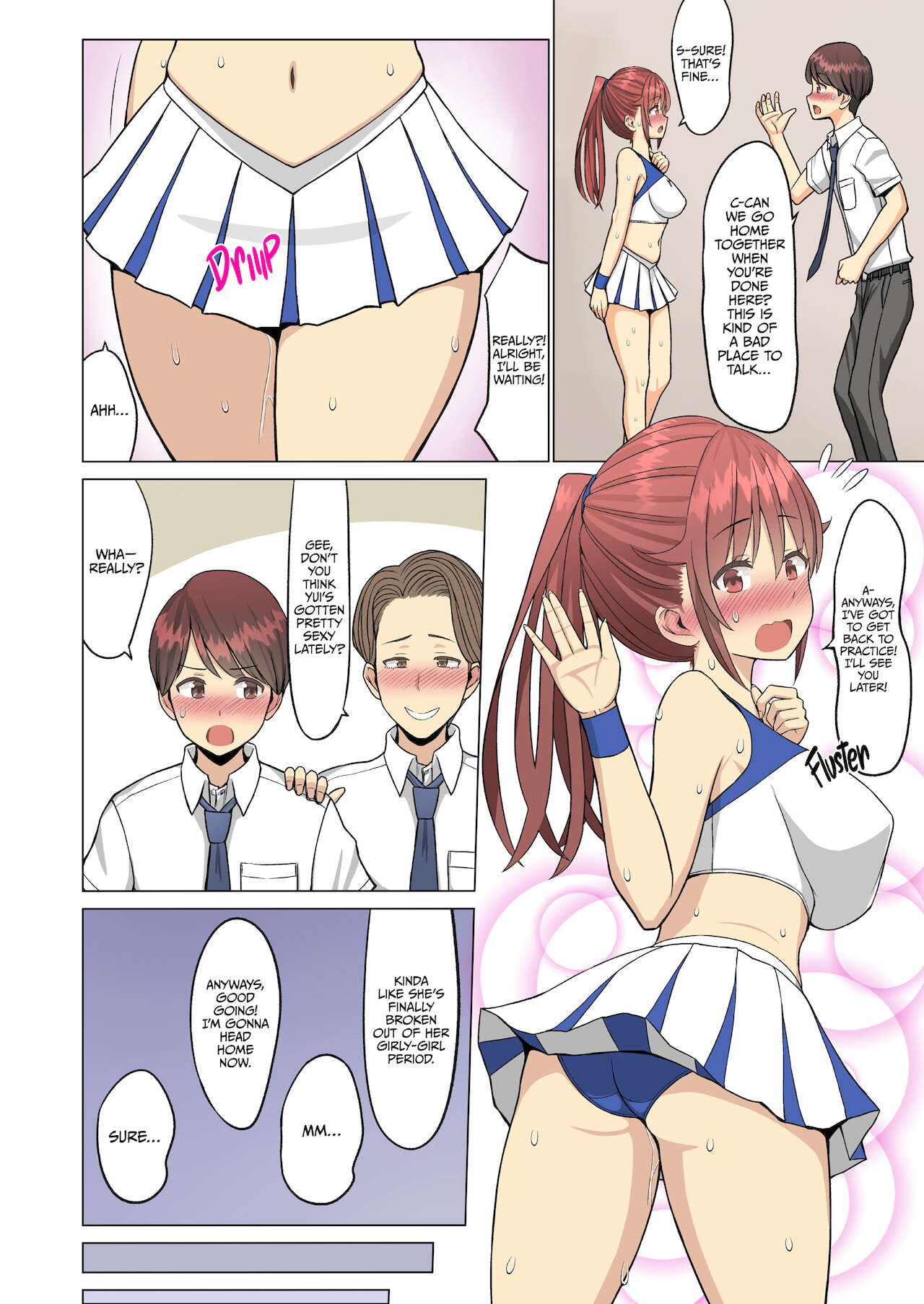 1girls 2boys blush comic english_text female hard_translated human male multiple_boys neginegio netorare pussy_juice suki_datta_no_ni..._natsu_~osananajimi_no_cheerleader_ga_kokujin_ryuugakusei_ni~ text translated