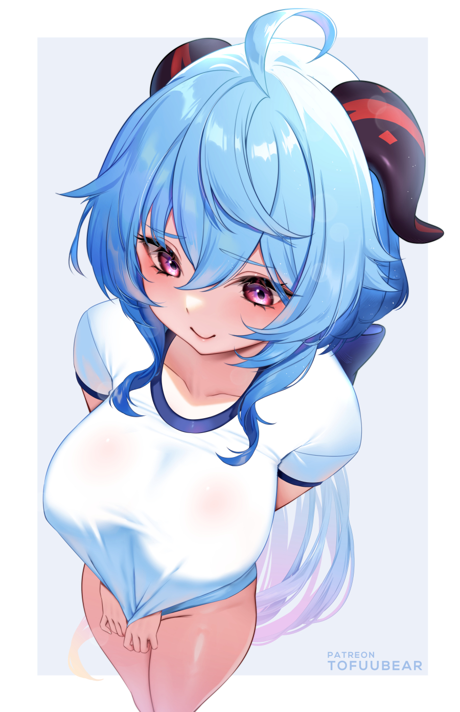 ahoge, bangs, blue hair, blush, bottomless, breasts, collarbone, female, ganyu (genshin impact), genshin impact, goat horns, highres, horns, large breasts, long hair, looking at viewer, purple eyes, shirt, short sleeves, smile, solo, thighs, tofuubear, white shirt
