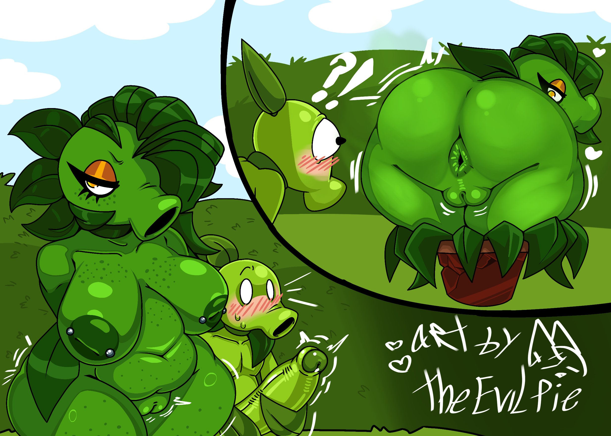 anthro, anthro character, anus, breasts, cum, electronic arts, female, flora fauna, freckles, larger female, masturbation, peablaze (leafpaw), peashooter (pvz), piercing, plant girl, plant humanoid, plantie, plants vs zombies, popcap, popcap games, presenting, presenting hindquarters, pussy, pvz, smaller male, theevilpie, video game, video game character
