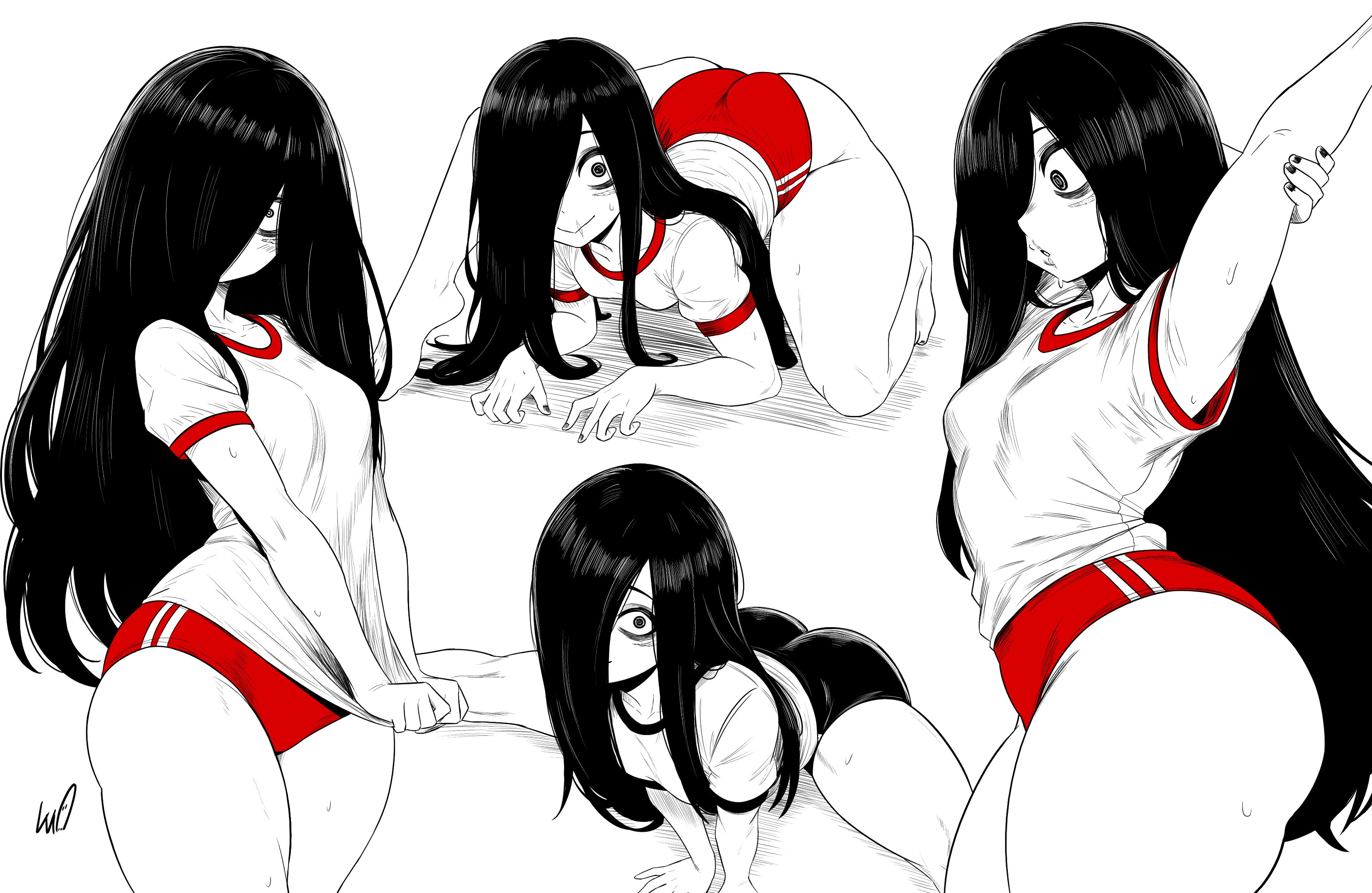 1girl, absurdres, ass, bags under eyes, black buruma, black hair, black nails, blush, breasts, buruma, collarbone, creepy eyes, english commentary, fingernails, from above, from side, ghost girl, gym shirt, gym uniform, hair over face, hair over one eye, highres, huge ass, legs folded, light smile, long hair, looking at viewer, lughost, multiple views, pear-shaped figure, pushing down, red buruma, scar, scar on cheek, scar on face, scar on lip, scar on mouth, shirt, signature, simple background, small breasts, solo, spot color, stretching, sweat, the ring, thick thighs, thighs, toenails, very long hair, white background, white shirt, yamamura sadako