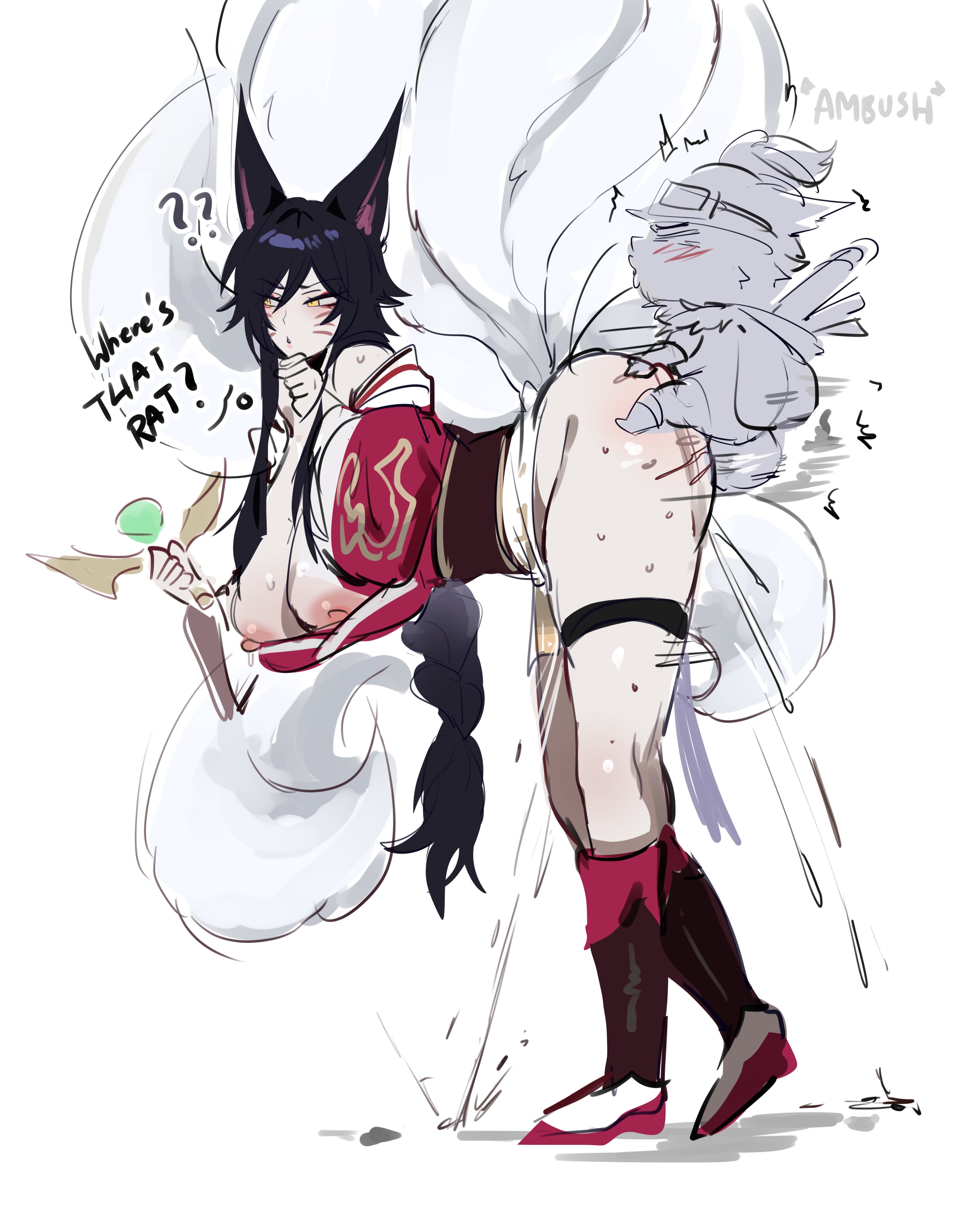 1boy, 1girl, ahri, ahri (league of legends), ambush (trap), animal ears, anthro, big breasts, breast slip, breasts, child bearing hips, confused, cum drip, curvaceous, curvaceous body, curvaceous female, curvaceous figure, curvaceous hips, curvaceous thighs, female, fox ears, fox girl, fox tail, from behind, interspecies, kemonomimi, kitsune, kurenaiz1, league of legends, motion lines, mounted, multiple tails, nipple slip, nipples, perching position, pussy juice drip, size difference, speed lines, sweat, tagme, tail, taller female shorter male, teemo, unaware, waifu, yordle
