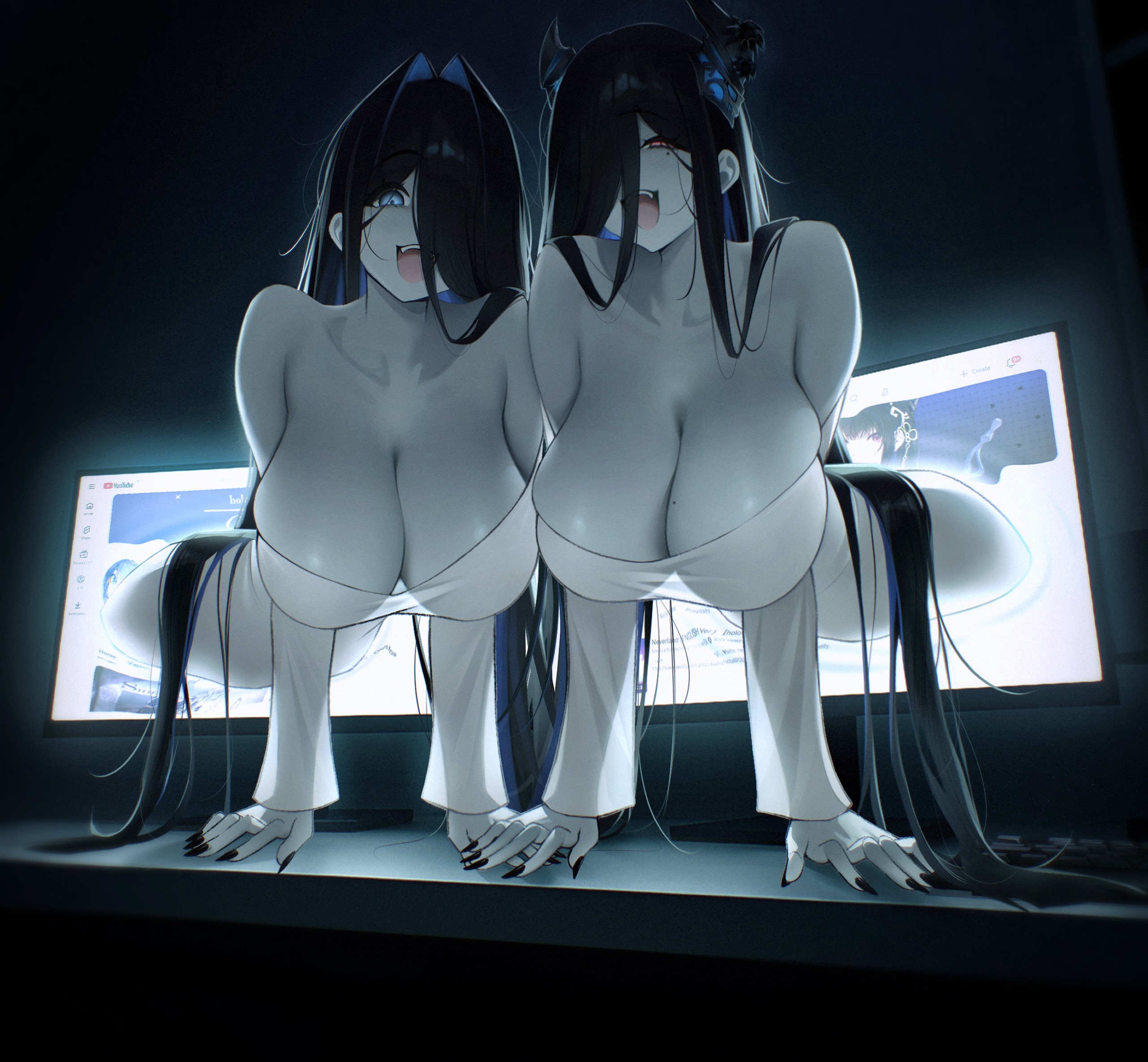2girls, alternate breast size (larger), arm support, asymmetrical horns, bare shoulders, black hair, black nails, blue eyes, breasts, cleavage, collarbone, commentary, demon horns, dress, english commentary, ghost costume, hair intakes, hair over one eye, hanging breasts, highres, hololive, hololive english, horns, huge breasts, indoors, long hair, long sleeves, looking at viewer, mole, mole under eye, monitor, multiple girls, nerissa ravencroft, open mouth, ouro kronii, prab, purple eyes, revision, straight hair, the ring, through medium, through screen, uneven horns, very long hair, virtual youtuber, white dress, yamamura sadako, youtube