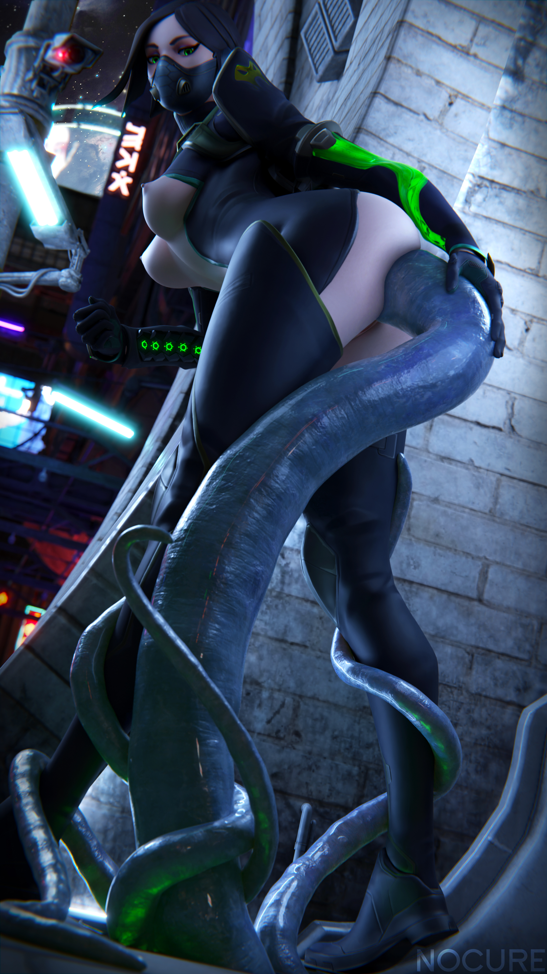anal, breasts, female, female only, looking back, nipples, nocure21o, tagme, tentacle, valorant, viper (valorant)