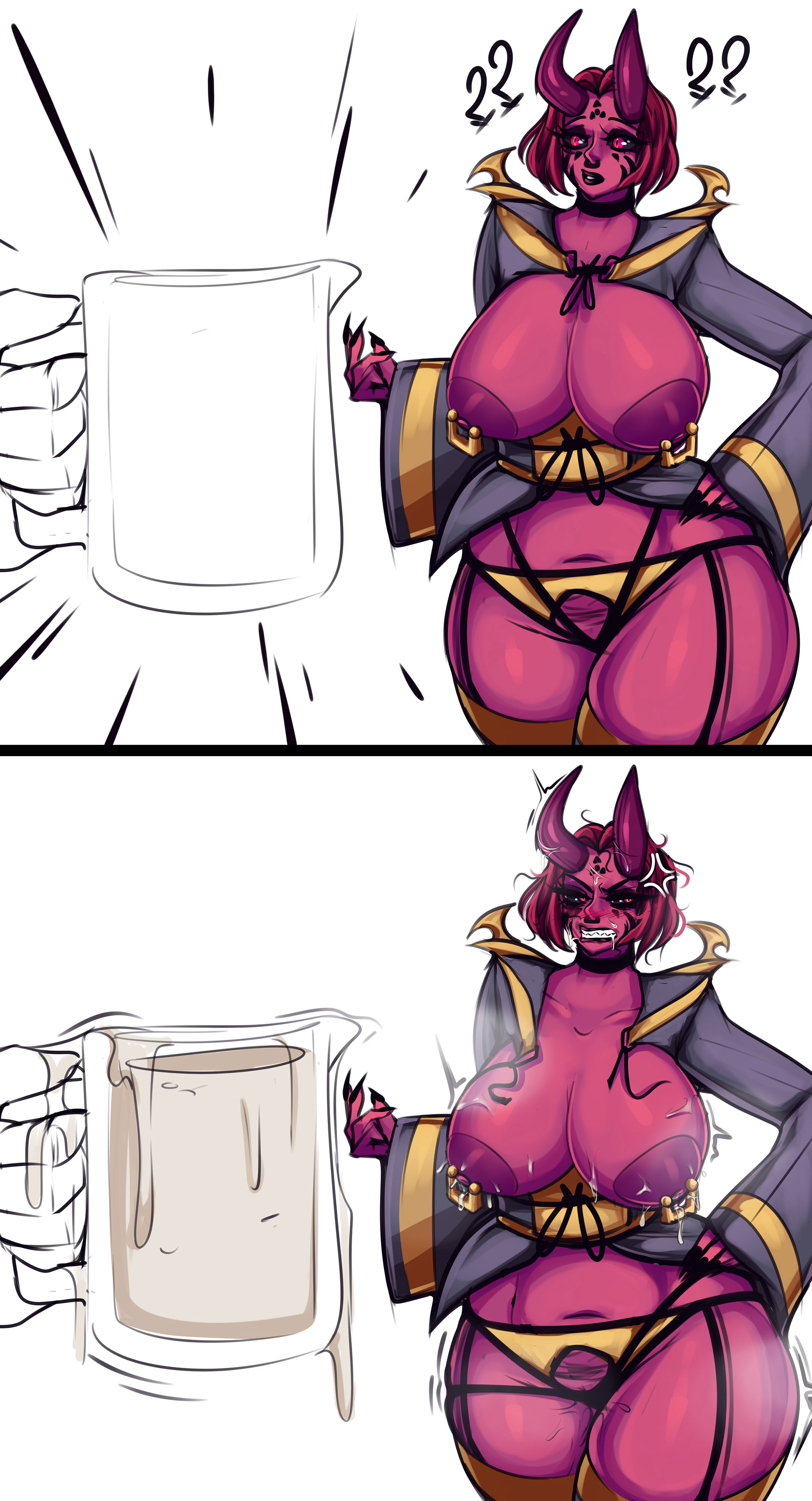 ?, ??, 1boy, 1girls, absurd res, anger vein, angry, angry face, areolae, before and after, big breasts, black sclera, breasts, choker, cup, d3monone, demon, demon girl, demon horns, facial markings, female, female focus, glass, hand on hip, horns, lactation, looking away, male, medium hair, meme, nipple rings, nipples, partially clothed, pink skin, red eyes, red hair, sharp fingernails, slit pupils, sonja (d3monone), thick thighs, twitching, white background, wide hips