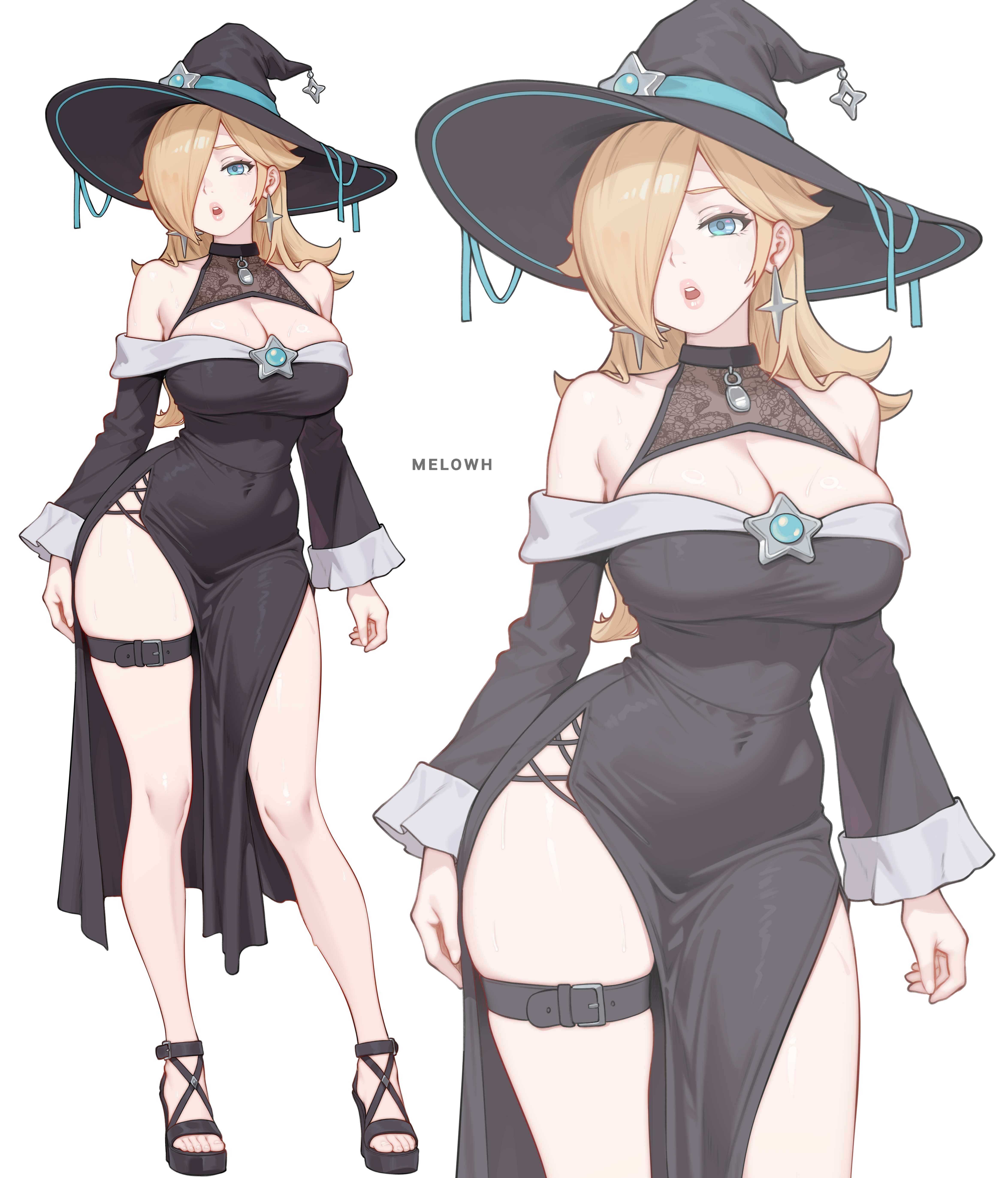 1girls, alternate costume, belt, blonde hair, blue eyes, breasts, busty, busty female, cleavage, colored, curvy, curvy figure, dress, earrings, exposed shoulders, female, female only, hair over one eye, hat, heels, hips, jewelry, large breasts, long sleeves, looking at viewer, mario (series), melowh, navel, navel visible through clothes, nintendo, princess rosalina, revealing clothes, star earrings, tagme, thigh belt, wide hips, witch costume, witch hat