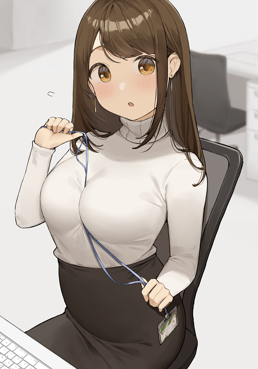 1girls between_breasts big_breasts blouse lanyard office ol-chan_(ol_mahonanoka) ol_mahonanoka original skirt tight_clothing turtleneck