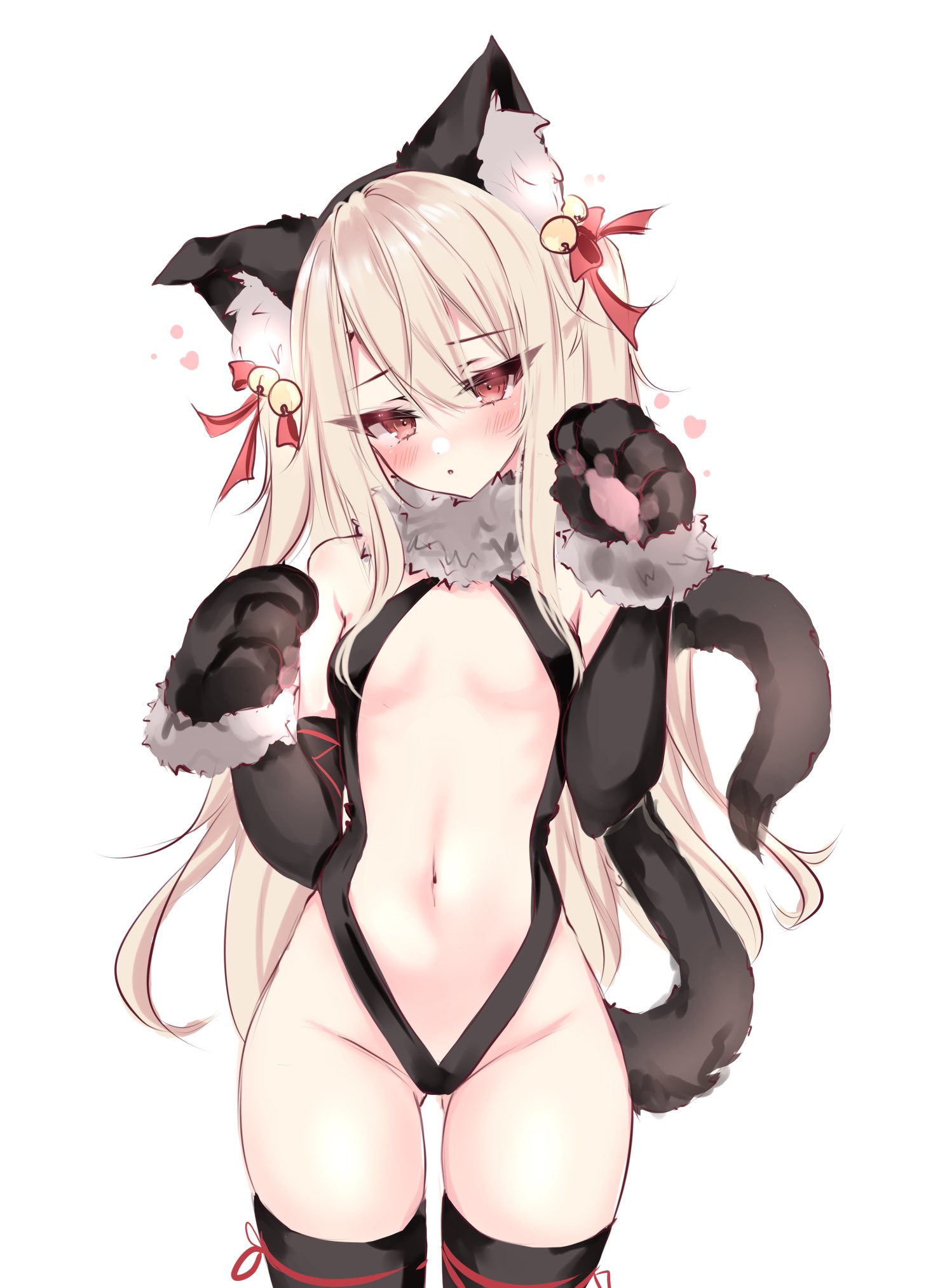 1girls, animal ears, animal hands, artist request, bell, breasts, cat ears, cat pose, cat tail, fate (series), fate/stay night, female, female only, hair between eyes, hair ornament, highres, illyasviel von einzbern, navel, paw pose, ribbon, small breasts, solo, standing, tail, thighs