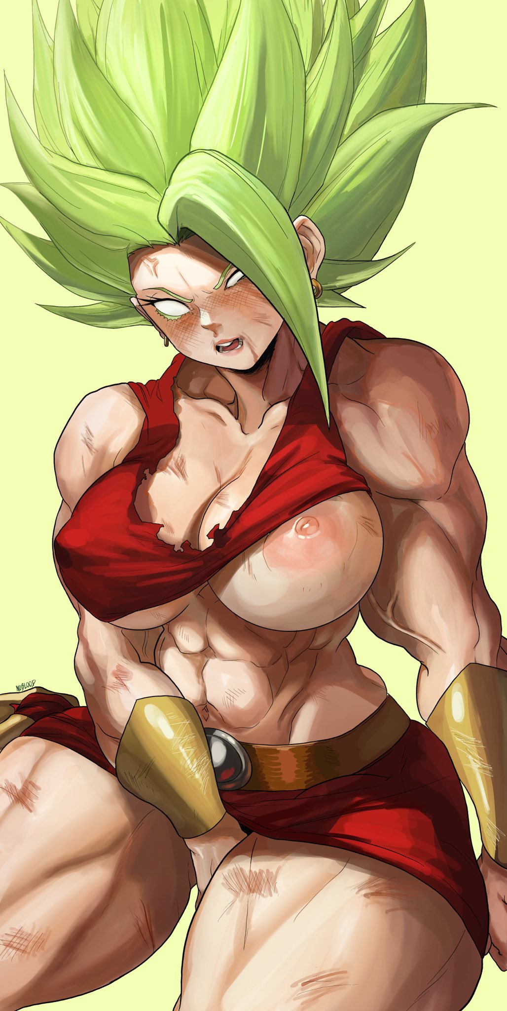 1girls, 2022, abs, biceps, big breasts, breasts, bruise, busty, cleavage, clothing, dragon ball, dragon ball super, female, female focus, female only, female saiyan, green background, green hair, huge breasts, injury, kale, kale (berserker), large breasts, legendary super saiyan, looking at viewer, muscular, muscular female, nipple slip, nipples, noblood, one breast out, pupilless eyes, ryandomonica, saiyan, solo, super saiyan, super saiyan 2, thick thighs, thunder thighs, torn clothes, torn clothing, universe 6, universe 6/universe 7, white eyes, wide hips