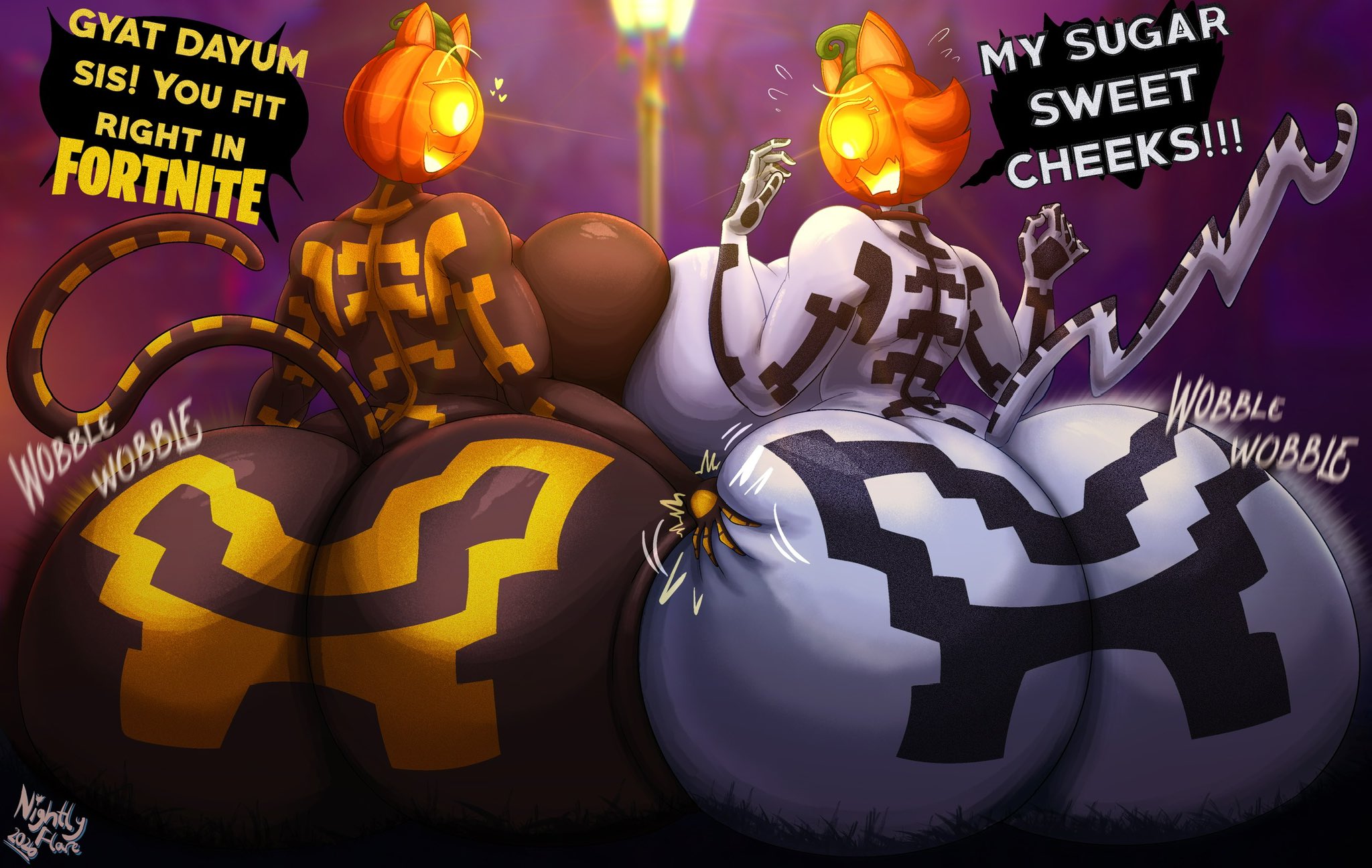 2girls, anthro, ass, big ass, big breasts, big thighs, breasts, bubble ass, bubble butt, cat ears, cat girl, cat tail, catgirl, dialogue, female, female focus, female only, fortnite, fortnitemares, gigantic ass, gigantic breasts, gigantic thighs, halloween, huge ass, huge breasts, huge thighs, hyper, hyper ass, hyper breasts, hyper thighs, imminent sex, looking at viewer, nightlyflare, pumpkin, pumpkin head, spice (fortnite), sugar (fortnite), text, thick thighs, thighs, voluptuous, voluptuous female