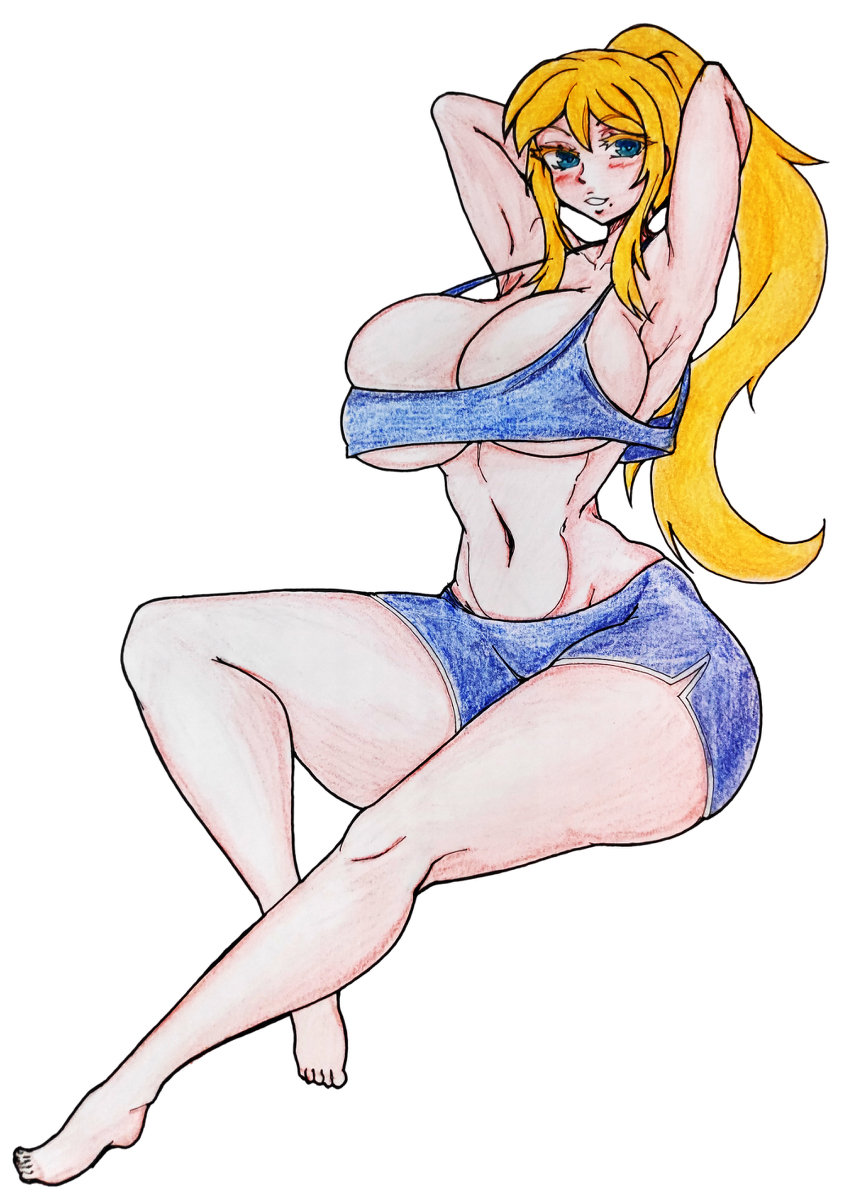 1girls big_breasts blonde_female blonde_hair blue_eyes blue_shorts blue_topwear blush bottomwear breasts cleavage clothing feet female female_only full_body gaixas1 hands_behind_head huge_breasts legs mature mature_female mature_woman metroid nintendo ponytail samus_aran shorts smile solo solo_female thick_thighs thighs topwear