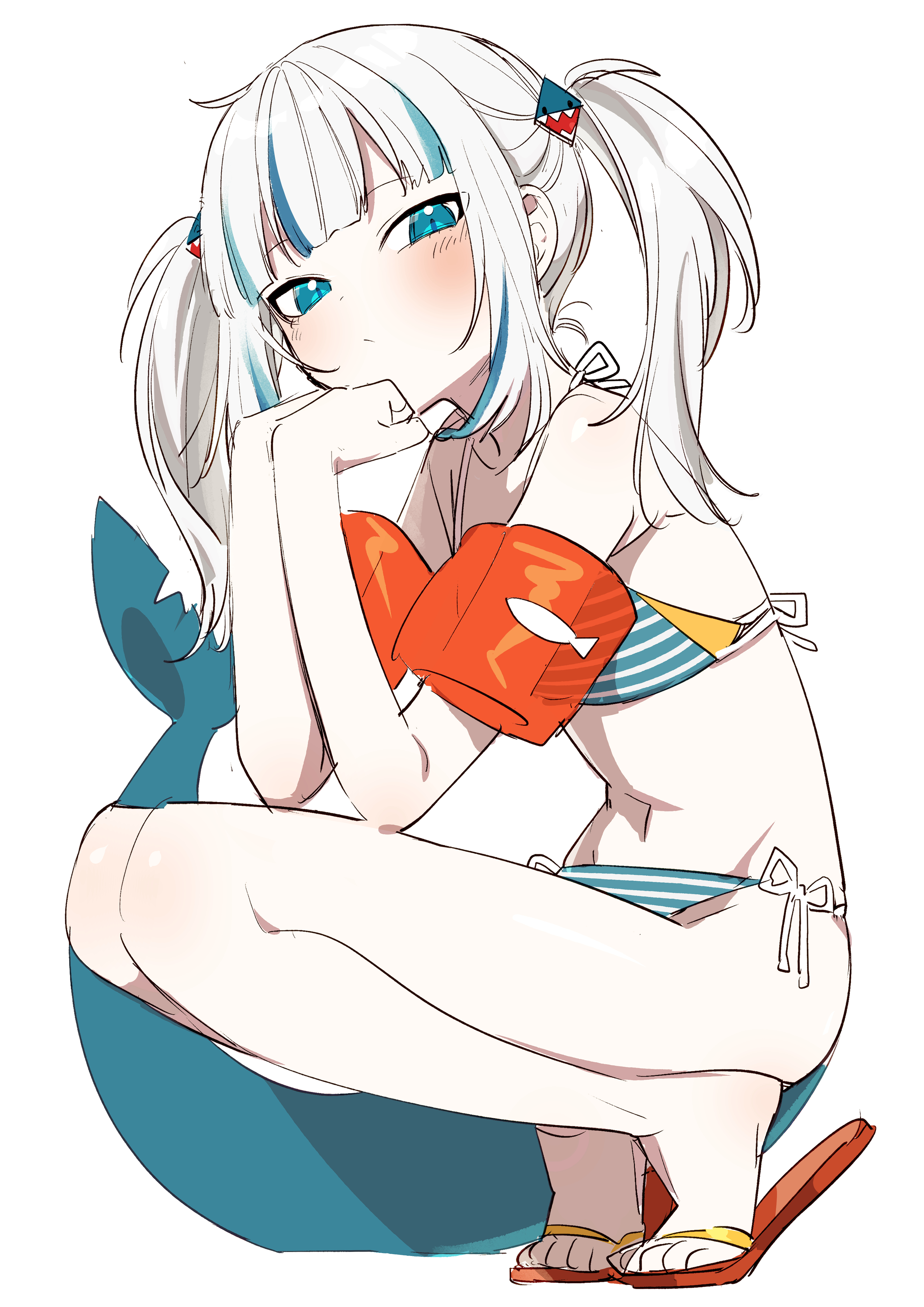 bare arms, bare shoulders, bikini, blue highlights, feet, female, flip flops, gawr gura, hololive, hololive english, hololive myth, petite, sandals, shark girl, shark tail, squatting, swimsuit, twintails, virtual youtuber, white hair