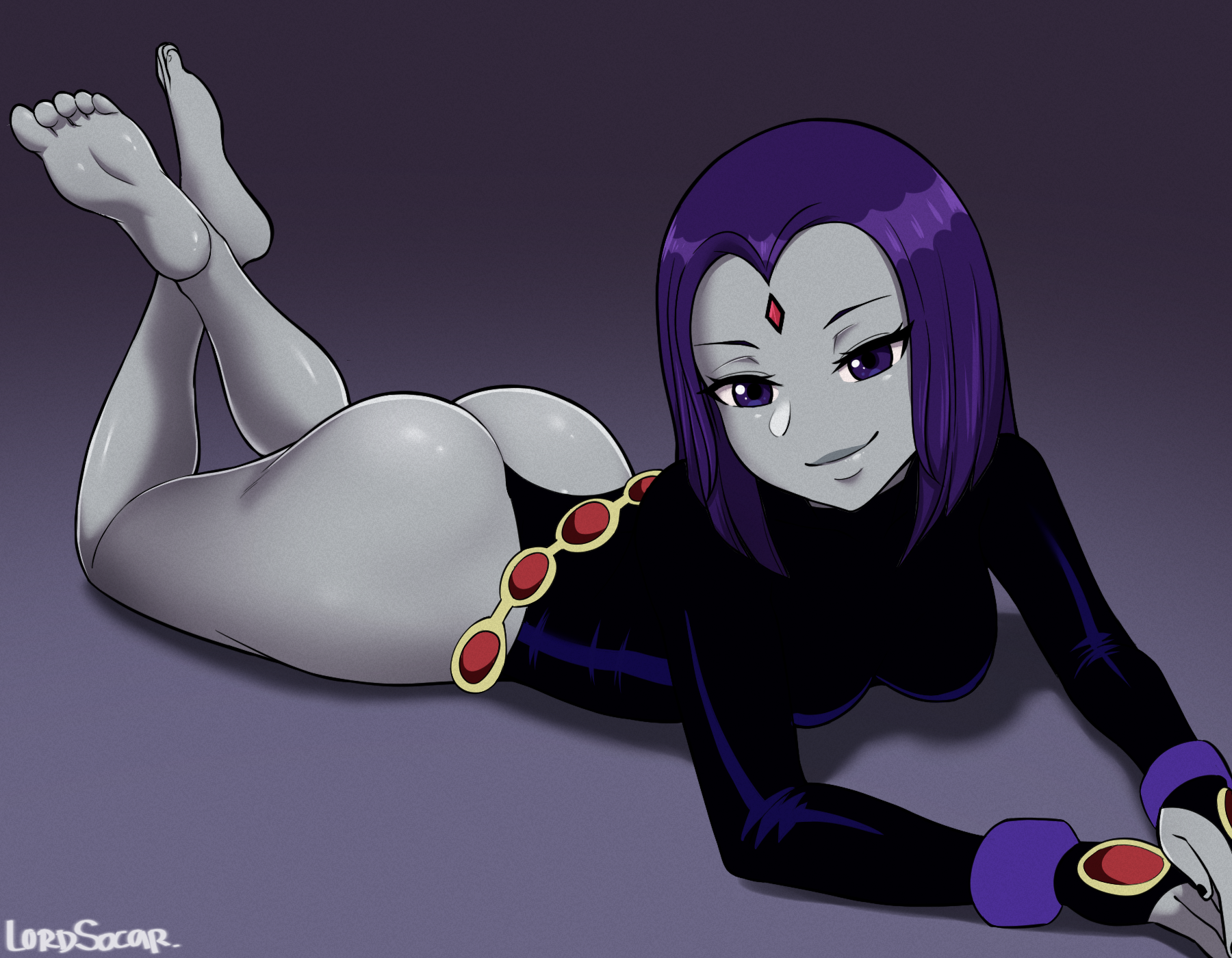 ass, bare legs, barefoot, black nail polish, black nails, breasts, dc, dc comics, demon, demon girl, feet, female, goth, goth girl, legs, leotard, looking at viewer, lord socar, nail polish, purple eyes, purple hair, rachel roth, raven (dc), short hair, smile, smiling, soles, teen titans, thick ass, thighs, tight clothing, toes