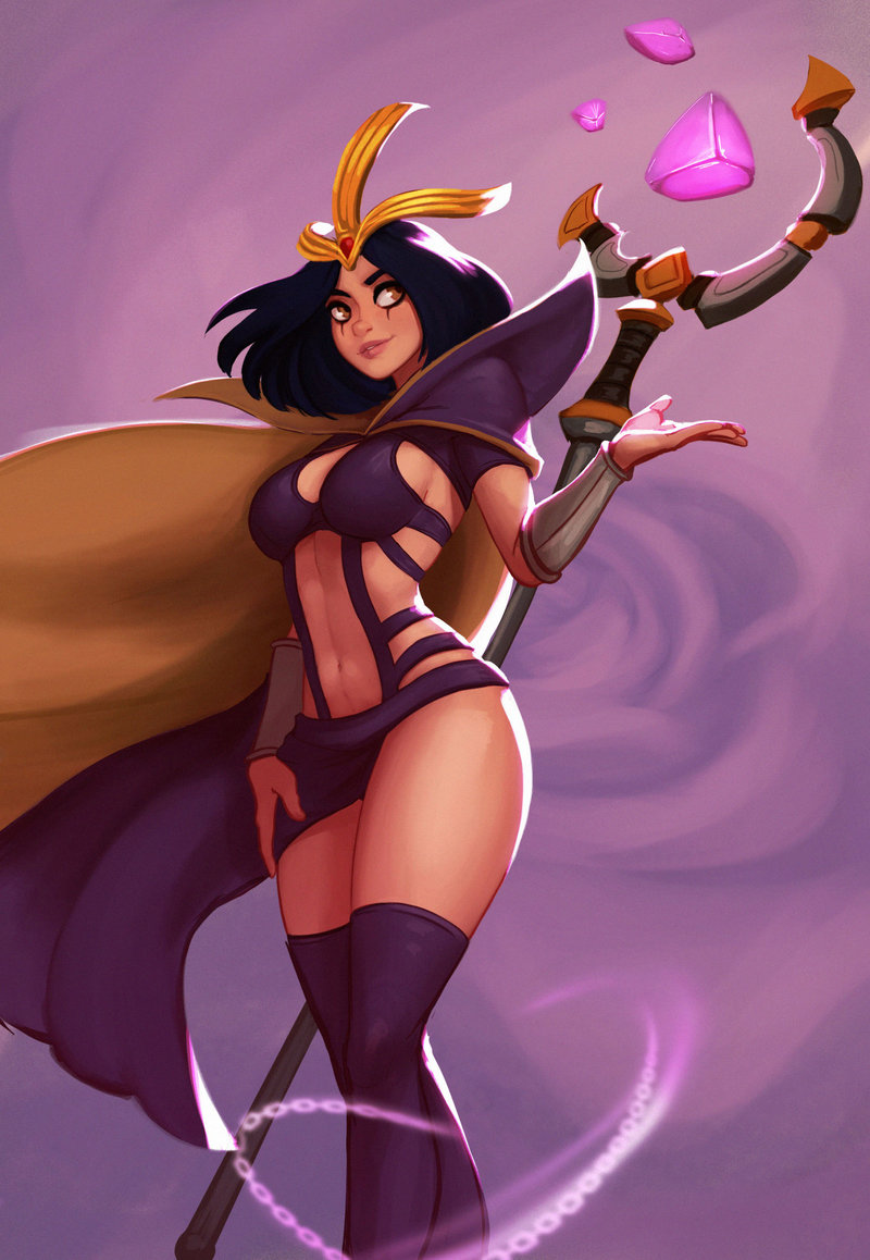 athletic_female black_hair breasts chains female hip_focus large_breasts league_of_legends leblanc lips midriff navel purple_thighhighs raichiyo33 red_eyes short_hair sideboob solo staff thick_thighs thighhighs thighs toned toned_female toned_stomach