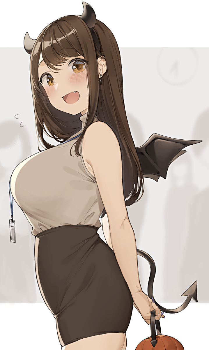 big_breasts brown_hair halloween_costume headband office_lady ol-chan_(ol_mahonanoka) ol_mahonanoka original succubus succubus_costume succubus_tail