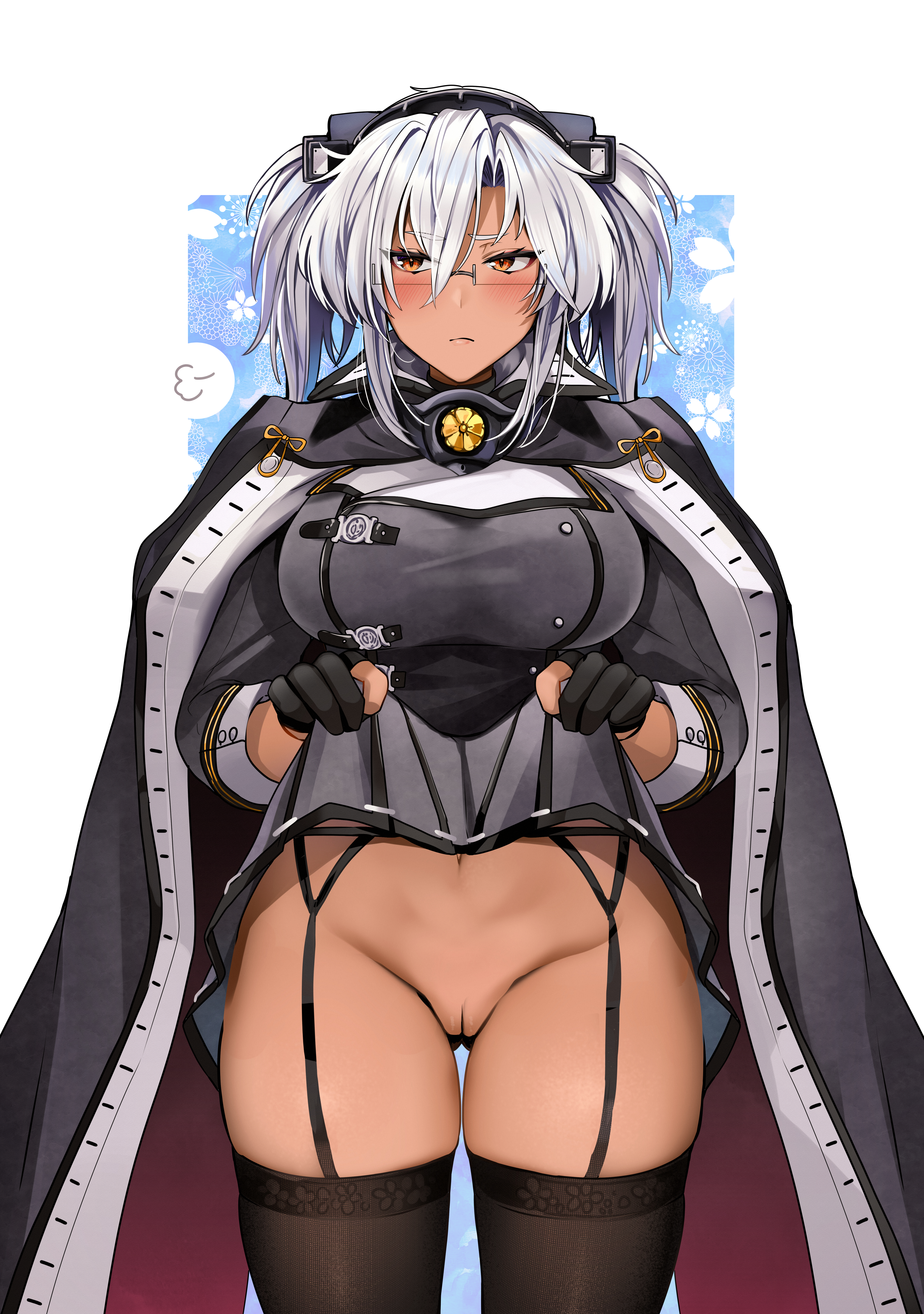 black gloves, female, garter straps, glasses, gloves, kantai collection, looking at viewer, military uniform, musashi (kantai collection), presenting pussy, pussy, solo, standing, thighhighs, yunamaro