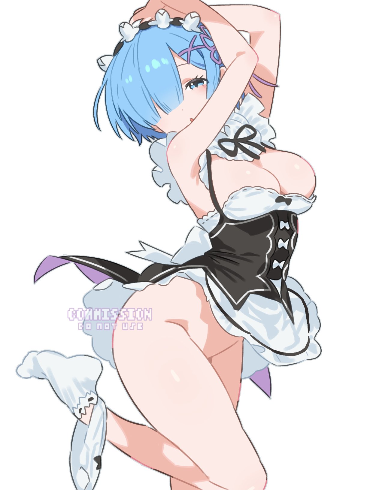 1girls, amazing body, arched soles, armpits, arms up, bangs over one eye, bare hips, bare shoulders, bare thighs, belly, belly fetish, blue eyes, blue hair, breasts, breasts almost out, breedable, breedable hips, breedable tits, covering eyes, craving, eye-covering bang, feet, fertile hips, foot up, hair ornament, hips, hips focus, hips outline, maid, maid uniform, midriff, naked bottom, navel, panties around foot, panties around one leg, panties down, perfect body, perfect hips, perfect thighs, re:zero kara hajimeru isekai seikatsu, rem (re:zero), seducing, seduction, seductive, seductive body, seductive pose, seductive thighs, sexy belly, sexy feet, sexy hips, sexy pose, sexy tummy, short hair, skreamyy, slender, slender body, slender build, slender waist, small dress, sock fetish, socked feet, socks, socks on, suggestive, suggestive pose, suggestive posing, thick thighs, thighs, tight dress, tight uniform, tummy