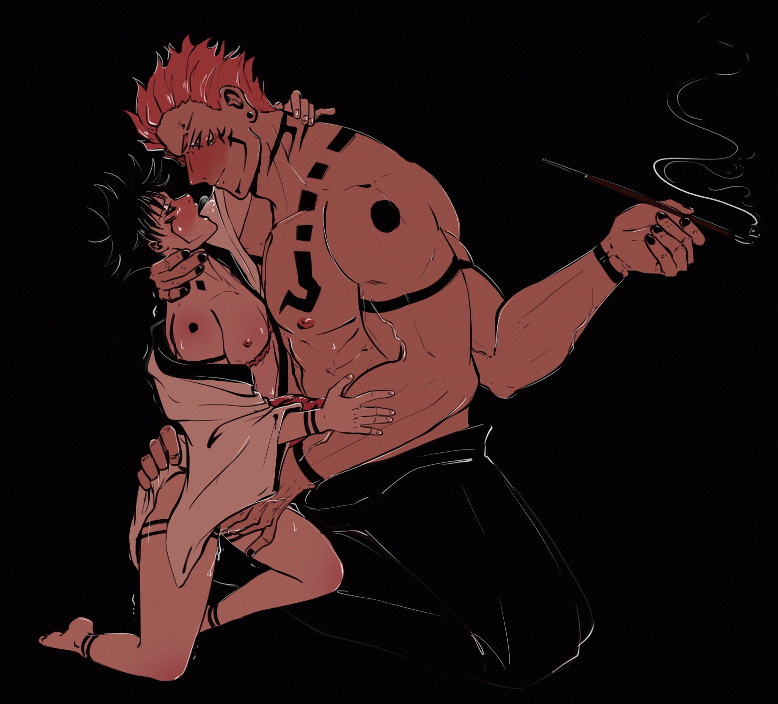 2boys, 4 arms, abs, arm tattoo, black hair, black nails, blush, chest tattoo, corruption, couple, duo, duo focus, eye contact, feet, fingering, fushiguro megumi, heavy breathing, holding, holding smoking pipe, japanese clothes, jujutsu kaisen, kimono, kiseru, leg tattoo, looking at another, male, male focus, male only, multi arm, multi eye, multi limb, multi mouth, multiple boys, multiple males, muscular, muscular male, nail polish, naked kimono, nipples, pectorals, pink hair, ryoumen sukuna (jujutsu kaisen), shoulder tattoo, size difference, smoking pipe, sserupiko, tattoo, topless male, white kimono, yaoi
