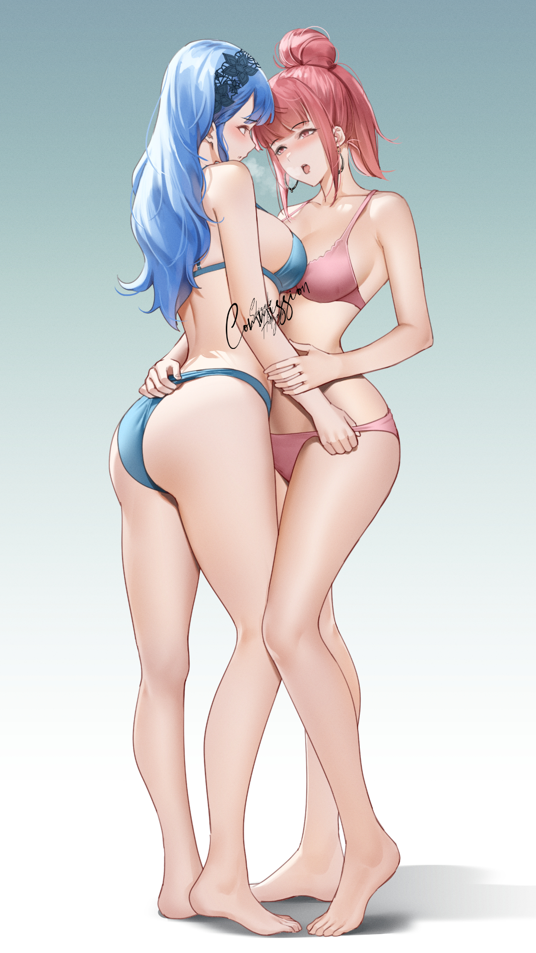 2girls, alternate hairstyle, ass, bare arms, bare legs, bare shoulders, barefoot, blue bra, blue hair, blue panties, bra, breast press, breasts, breath, commentary, commission, earrings, female, female only, fire emblem, fire emblem warriors: three hopes, fire emblem: three houses, full body, gradient, gradient background, hair bun, hairband, highres, hilda valentine goneril, hilda valentine goneril (helping hand), hug, jewelry, legs, long hair, marianne von edmund, median furrow, medium breasts, medium hair, multiple females, multiple girls, nintendo, official alternate hairstyle, panties, pink bra, pink panties, ponytail, red hair, shadow, shizuko hideyoshi, sidelocks, standing, symmetrical docking, tongue, tongue out, underwear, yuri