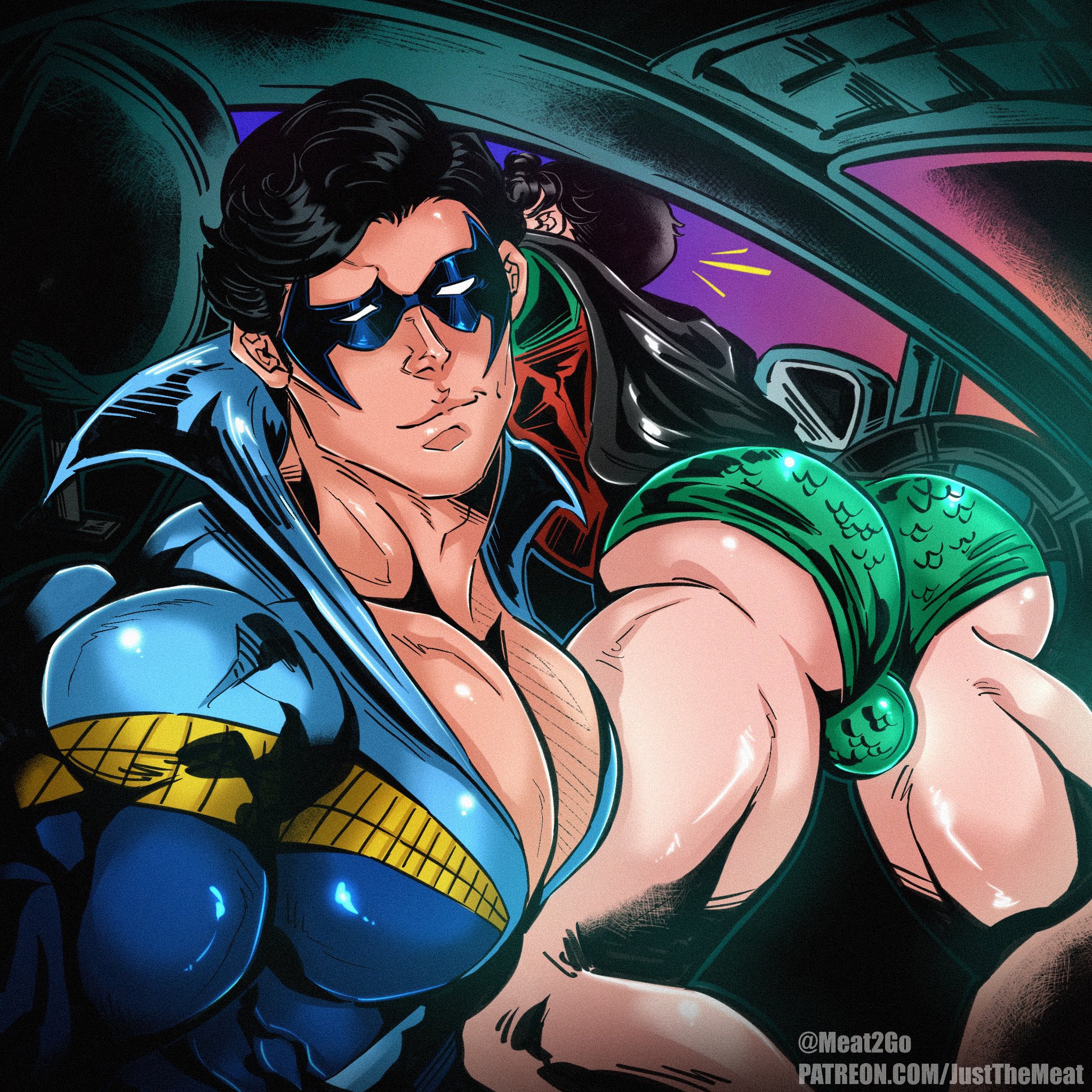 ass, batman (series), bulge, caucasian, caucasian male, dc, dc comics, dick grayson, he wants to order, jason todd, justthemeat/meat2go, large pectorals, looking at viewer, male, male only, masked, meme, muscles, muscular, muscular male, nightwing, robin (dc), robin (jason todd), superhero, superhero costume, teasing, teenage male, yaoi
