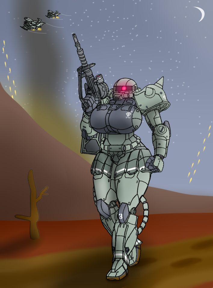 1girls big_ass big_breasts breasts gundam humanoid mecha mobile_suit mobile_suit_gundam robot_girl thick_thighs weapon wide_hips zaku zeon