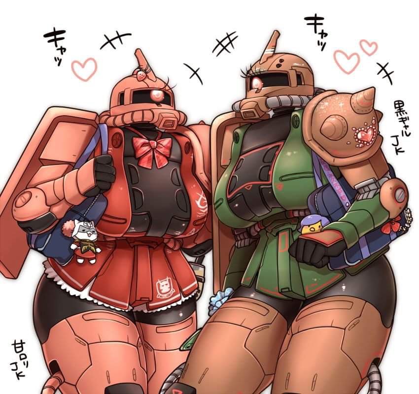 1girls 2girls big_ass big_breasts breasts female gundam humanoid mecha mobile_suit mobile_suit_gundam robot_girl thick_thighs zaku zeon