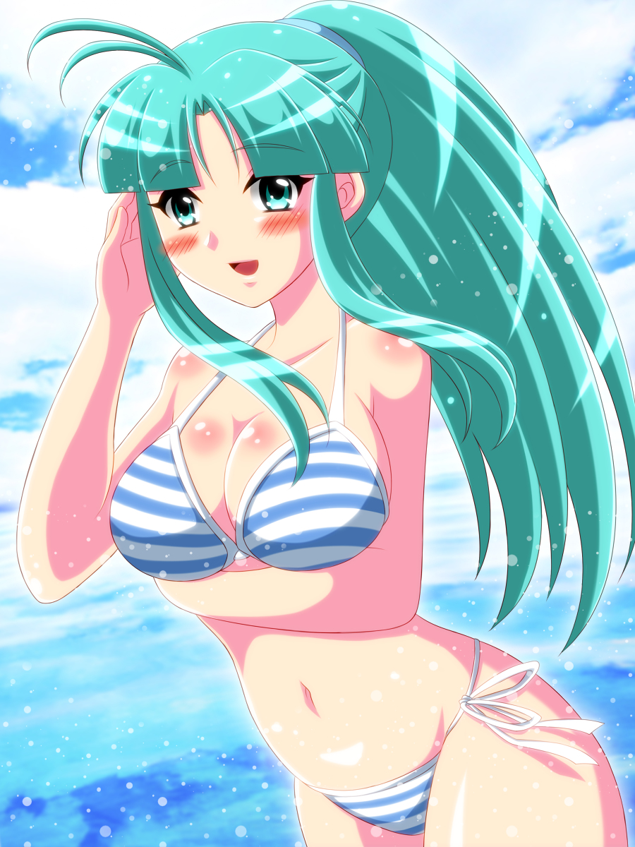 1girls beach bikini blue_eyes blue_hair blush camelot golden_sun happy light_skin long_hair looking_at_viewer mia_(golden_sun) nintendo ocean sesamin83 smile summer swimsuit