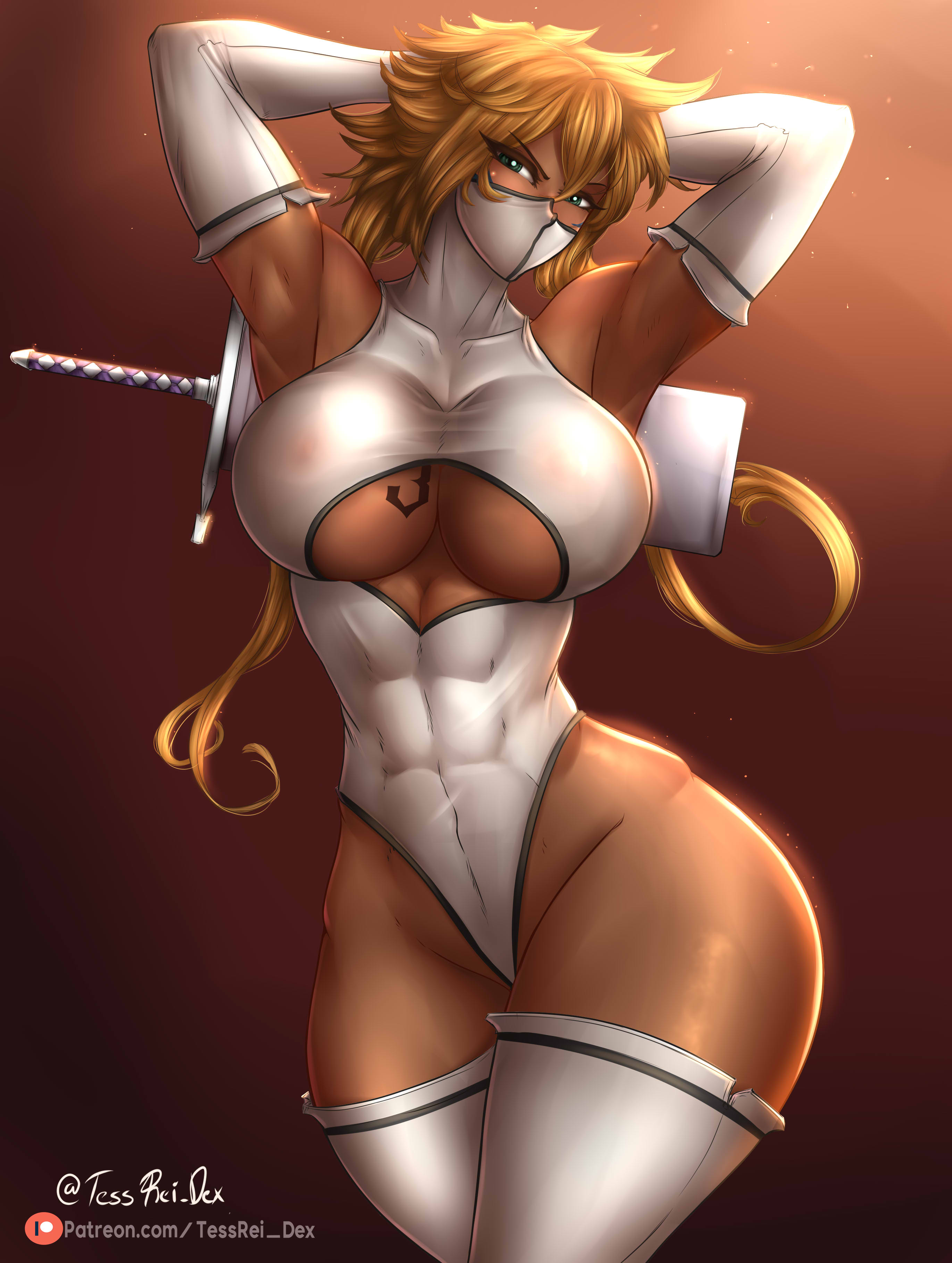 abs, absurdres, alternate costume, alternate hairstyle, alternate version available, bleach, blonde female, blonde hair, breasts, center opening, covered mouth, dark skin, dark-skinned female, female, female focus, gloves, green eyes, highres, impossible clothes, impossible swimsuit, katana, large breasts, leotard, long hair, looking at viewer, muscular, muscular female, navel, pose, revealing clothes, revealing swimsuit, skimpy, skimpy bikini, solo, sword, tattoo, tessreidex, thighhighs, tia harribel, tight swimsuit, underboob, uniform, weapon, wide hips