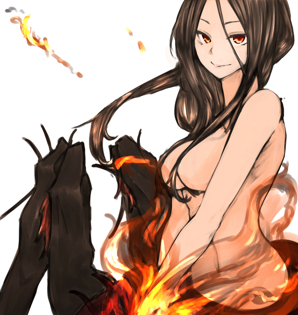 1girls arachne brown_hair chaos_witch_quelaag dark_souls demon demon_girl drider fire fromsoftware light_skin monster_girl nude orange_eyes smile spider_girl takena_c_(artist)