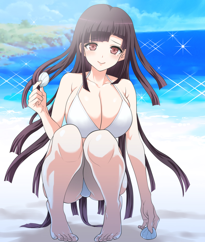 beach, bikini, bikini bottom, bikini top, breasts, cleavage, crouching, crouching female, danganronpa, danganronpa 2: goodbye despair, danganronpa s: ultimate summer camp, dosugon, eyebrows, eyebrows visible through hair, feet, female, female focus, female only, hair, large breasts, long hair, looking at viewer, mole, mole under eye, purple eyes, purple hair, sand, sea, seashell, seaside, shell, sky, smile, smiling, smiling at viewer, solo, solo female, solo focus, sparkles, sparks, straight hair, super danganronpa 2, thighs, tsumiki mikan, white bikini, white bikini bottom, white bikini top