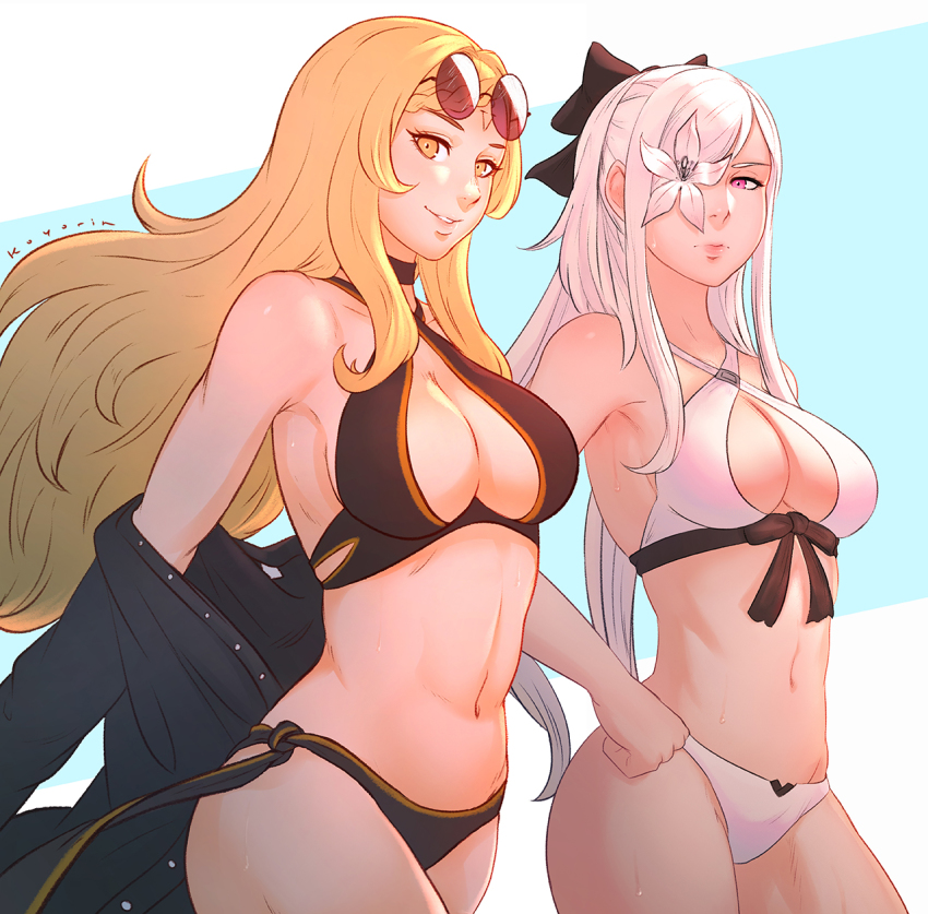 2girls albino bikini blonde_hair drag-on_dragoon drag-on_dragoon_3 drakengard drakengard_3 five_(drag-on_dragoon) five_(drakengard) frown hair_ornament koyorin large_breasts light_skin long_hair one_eye_covered red_eyes ribbon smile square_enix swimsuit white_hair yellow_eyes zero_(drag-on_dragoon) zero_(drakengard)