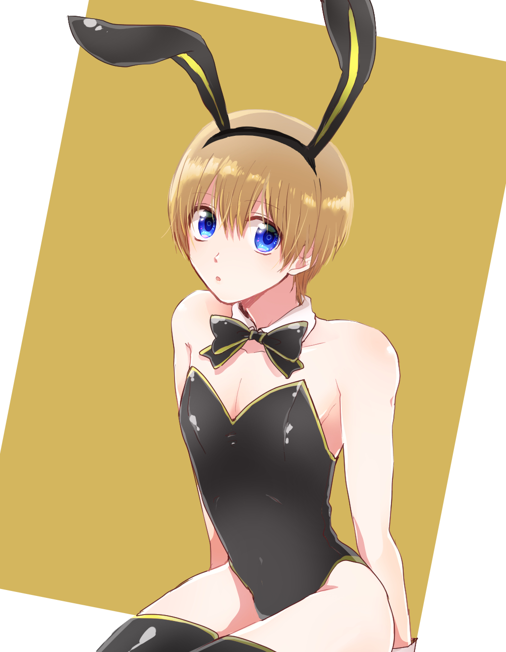 1boy aikawa_(pixiv) alternate_costume androgynous black_legwear blue_eyes bowtie brown_hair bunny_boy bunny_ears bunnysuit crossdressing detached_collar femboy gintama girly light_brown_hair looking_at_viewer male male_only male_playboy_bunny neck_ribbon okita_sougo short_hair skin_tight solo thighhighs twink