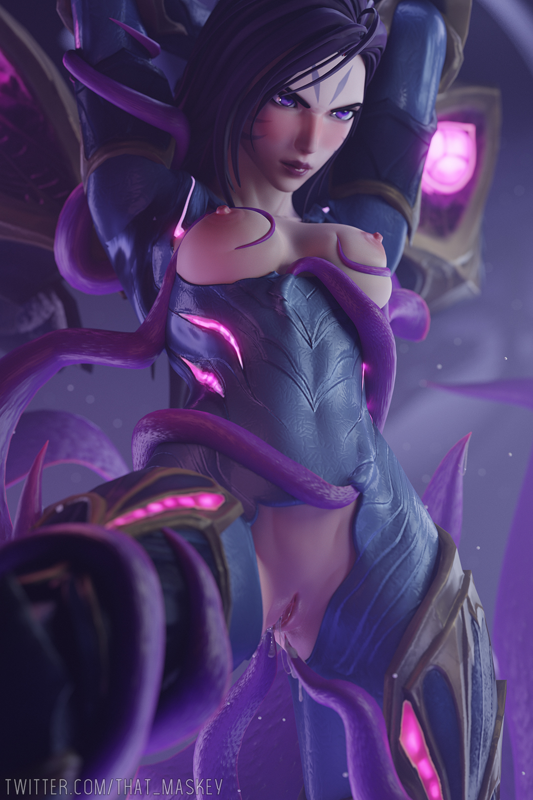 3d, 3d (artwork), angry, big breasts, breasts, female, forced, humiliated, humiliation, kai'sa, league of legends, league of legends: wild rift, monster, penetration, purple eyes, pussy, pussy juice, riot games, shaved pussy, tentacle, tentacle grab, tentacle sex, that maskey, white skin
