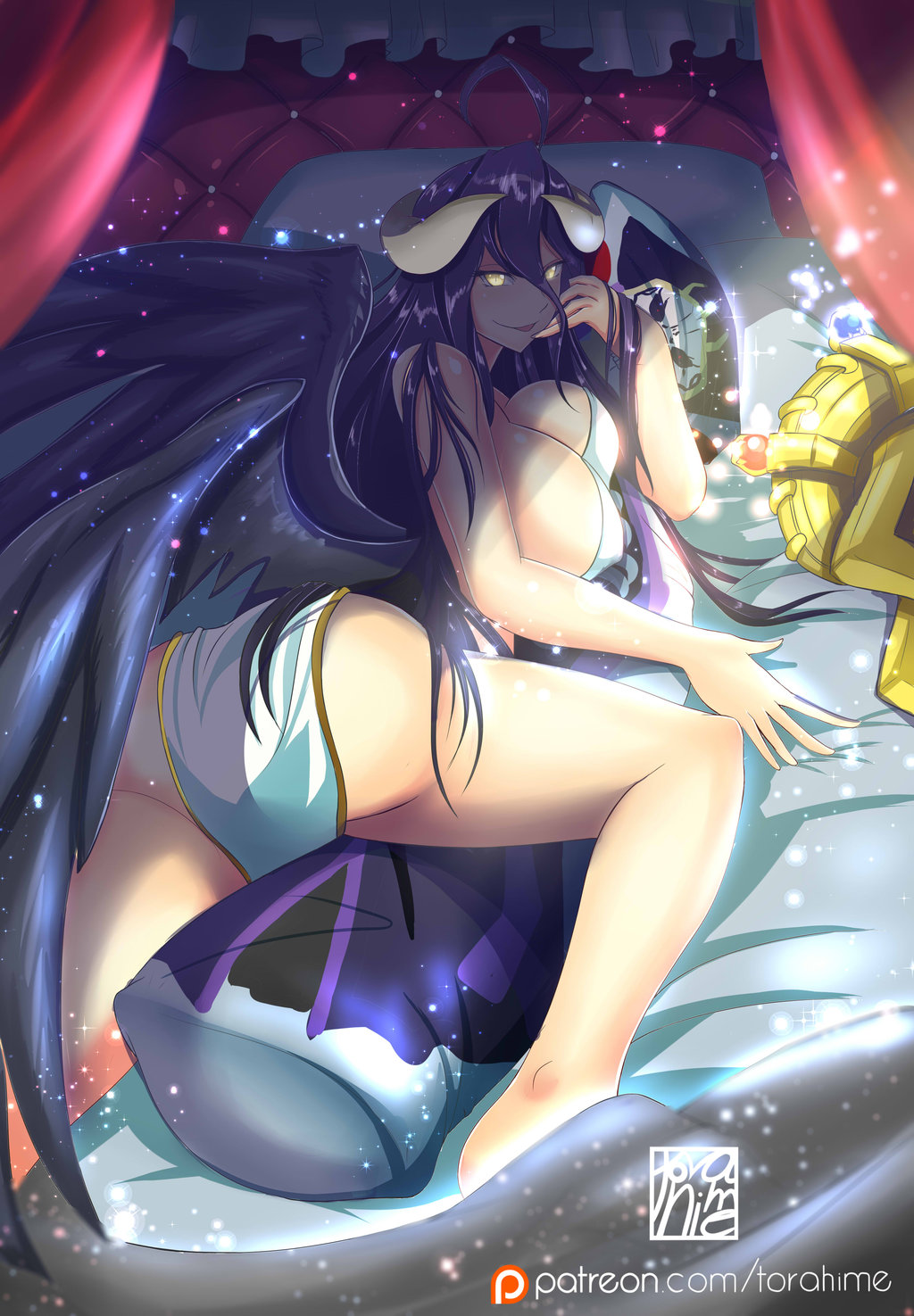 1girls albedo_(overlord) big_breasts black_hair breast_grab breast_squeeze breasts breasts_out cum cum_in_pussy cum_inside dress exposed_breasts gloves horns long_hair nipples overlord_(maruyama) solo succubus torahime