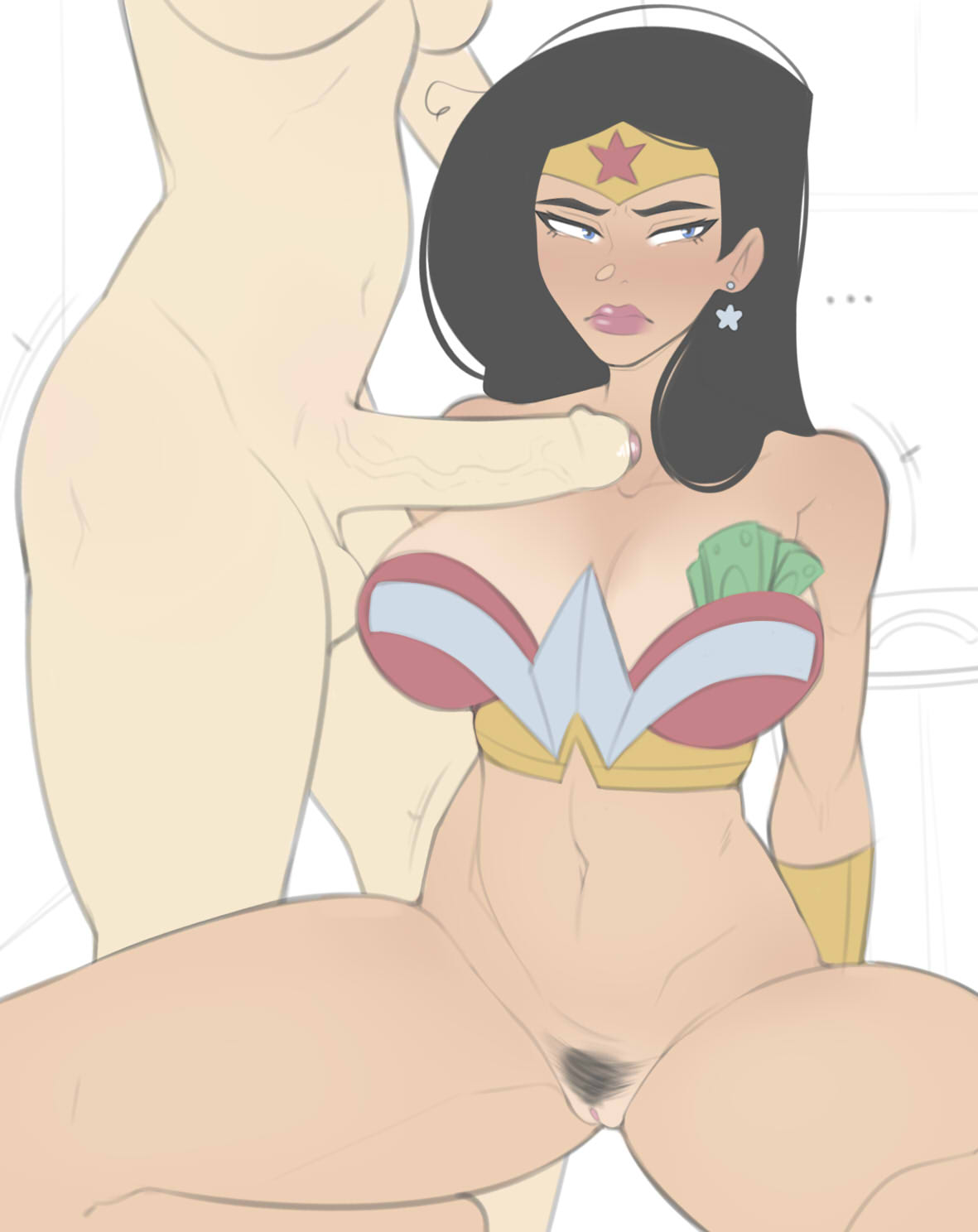 1futa 1girls black_hair blue_eyes bottomless cleavage crouching curvaceous curvy curvy_female dc dc_comics diana_prince digitalhtoy earrings exposed exposed_pussy exposed_thighs exposed_torso faceless faceless_character faceless_futanari female futa_on_female futanari hourglass_figure looking_away looking_to_the_side midriff mostly_nude mostly_nude_female penis penis_out prostitution pubic_hair pussy star_earrings thighs tiara torso vagina voluptuous wonder_woman wonder_woman_(series)