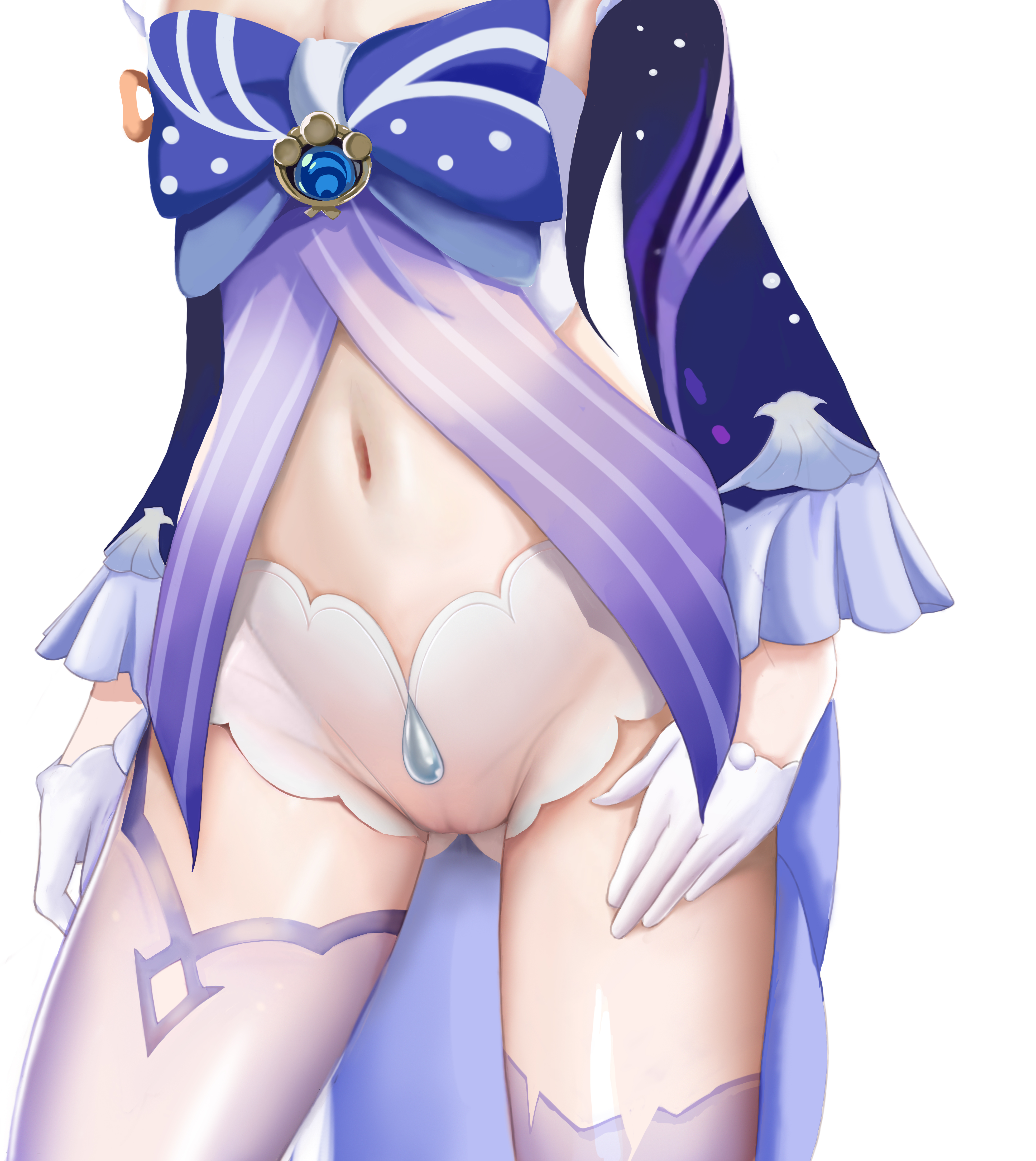 1girls, ass visible through thighs, belly, belly button, cameltoe, close-up, clothing, female, genshin impact, hi res, kokanoko, midriff, open clothes, pussy, revealing clothes, sangonomiya kokomi, shorts, thighhighs