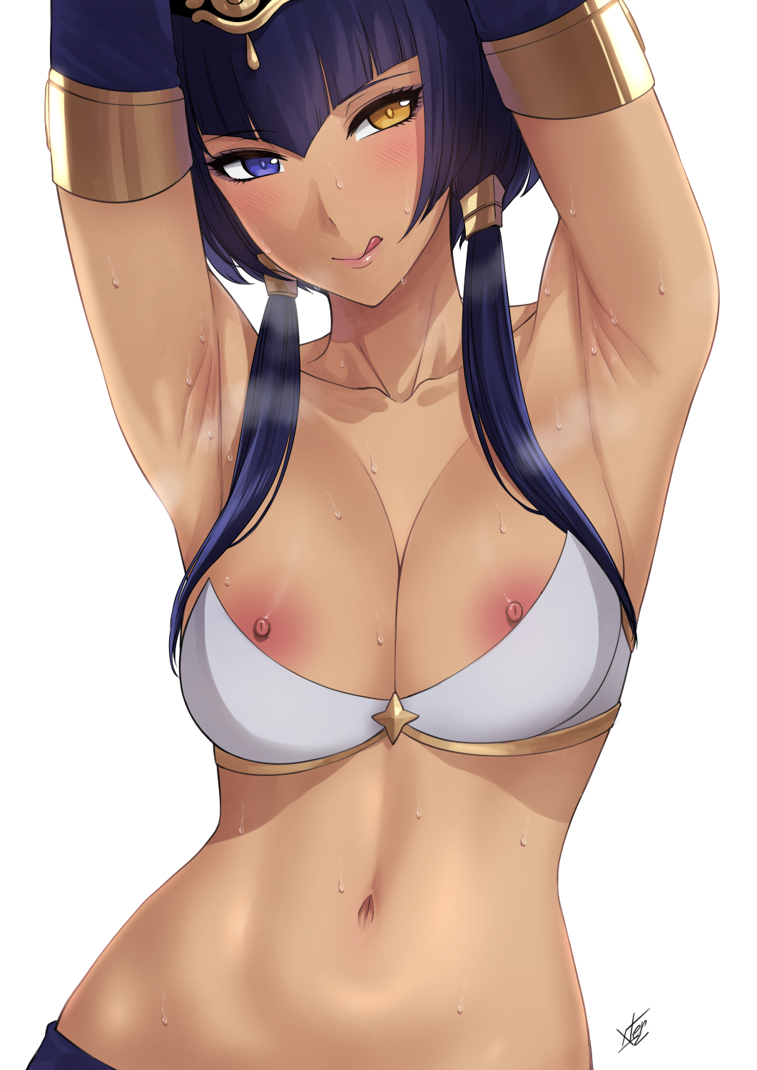 armpits, arms up, belly button, blue eyes, blue hair, blush, bra, candace (genshin impact), dark skin, dark-skinned female, egyptian clothes, egyptian headdress, female, female only, genshin impact, heterochromia, hi res, licking lips, midriff, navel, nipple slip, nipples, olive skin, olive-skinned female, sumeru girls, sweat, sweating, sweaty, twintails, upper body, xtermination, yellow eyes