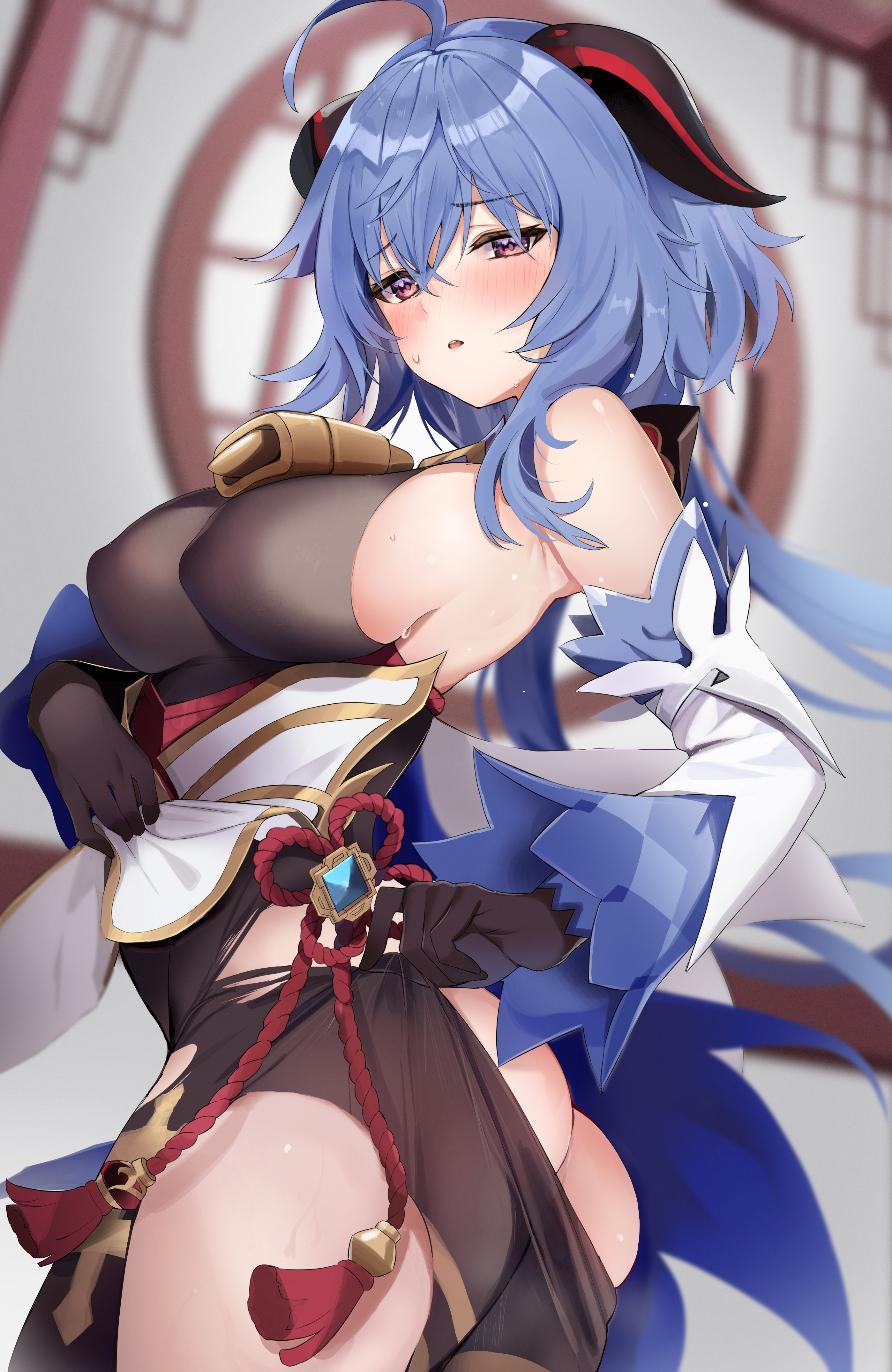 1girls, 2022, ahoge, ass, bell choker, blue hair, bodystocking, breasts, choker, female, female only, ganyu (genshin impact), genshin impact, hi res, hips, horns, large ass, large breasts, leggings down, long hair, purple eyes, sideboob, slim waist, thick thighs, thighs, togokaeri, too small clothes, torn clothes, wide hips