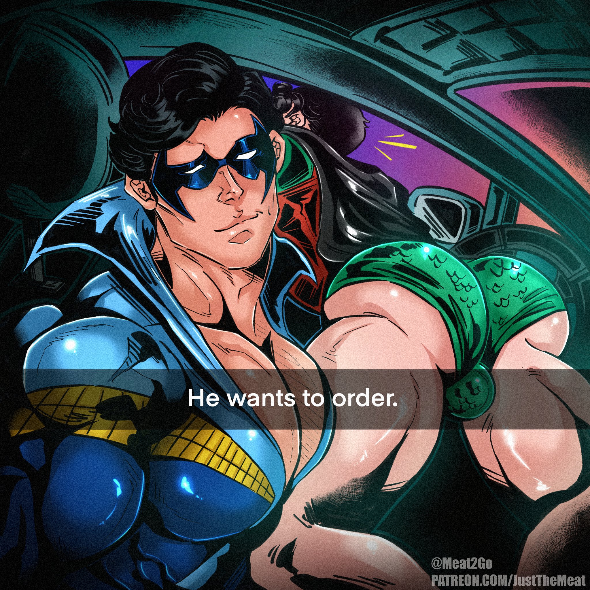 ass, ass eating shorts, batman (series), bulge, caucasian, caucasian male, dc, dc comics, dick grayson, english text, grundle, he wants to order, in car, jason todd, justthemeat/meat2go, looking at viewer, male, male only, masked, meme, muscles, muscular, muscular male, nightwing, robin (dc), robin (jason todd), snapchat, superhero, teenage male, text, thick thighs, yaoi