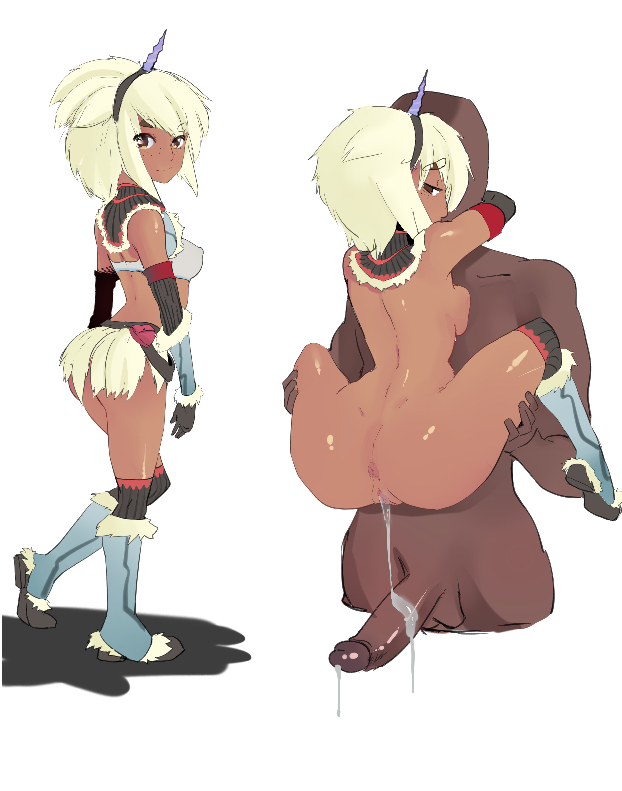 after sex, ass, breasts, brown eyes, cafin, cum, cum drip, cum in pussy, dark skin, dark-skinned male, female, instant loss 2koma, kirin (armor), league of legends, male, monster hunter, penis, pussy, sideboob, skimpy armor, skin contrast, standing sex, taliyah, tan skin, tan-skinned female