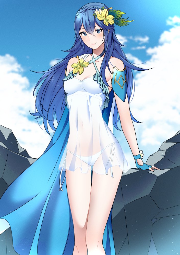 1girls, adapted costume, alternate costume, ameno (a meno0), armor, bikini, bikini under clothes, blue cape, blue eyes, blue gloves, blue hair, blue sky, breasts, cape, cloud, covered navel, day, dress, female, female only, fingerless gloves, fire emblem, fire emblem awakening, fire emblem heroes, flower, gloves, hair flower, hair ornament, long hair, lucina (fire emblem), nintendo, outdoors, see-through, see-through dress, short dress, shoulder armor, side-tie bikini, sky, small breasts, solo, swimsuit, thighs, white bikini, white dress, white swimsuit