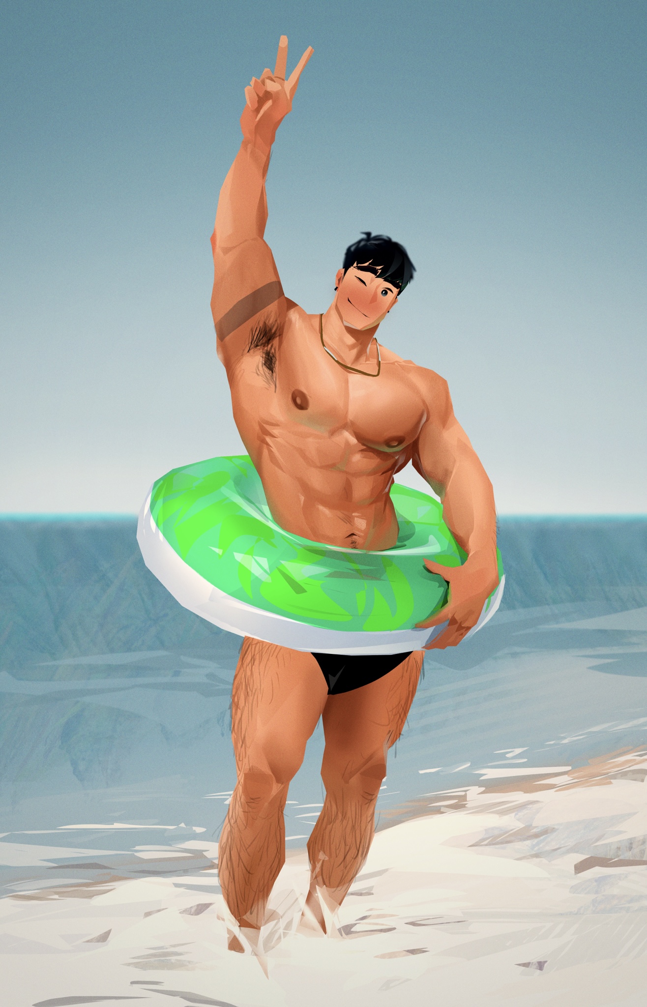 1boy, abs, asian, bara, beach, black hair, body hair, ear piercing, earrings, hoonzino, human, hunk, male, male only, necklace, original character, panties, pecs, piercing, sea, seaside, size difference, solo focus, tattoo, yaoi